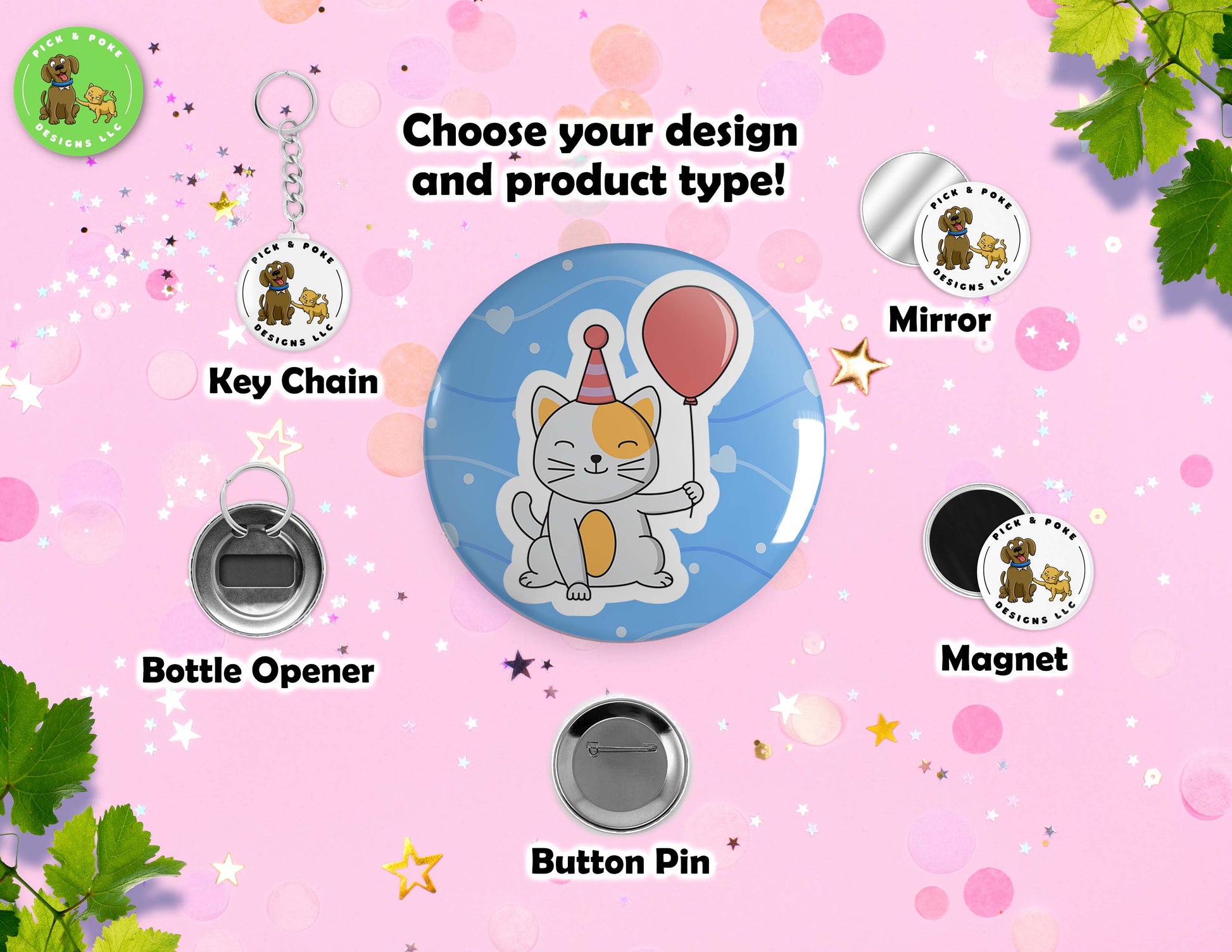 Copy Birthday Cats | Pinback Button Pin, Keychain, Magnet, Bottle Opener, or Mirror | 2.25-inch SizePick and Poke Designs