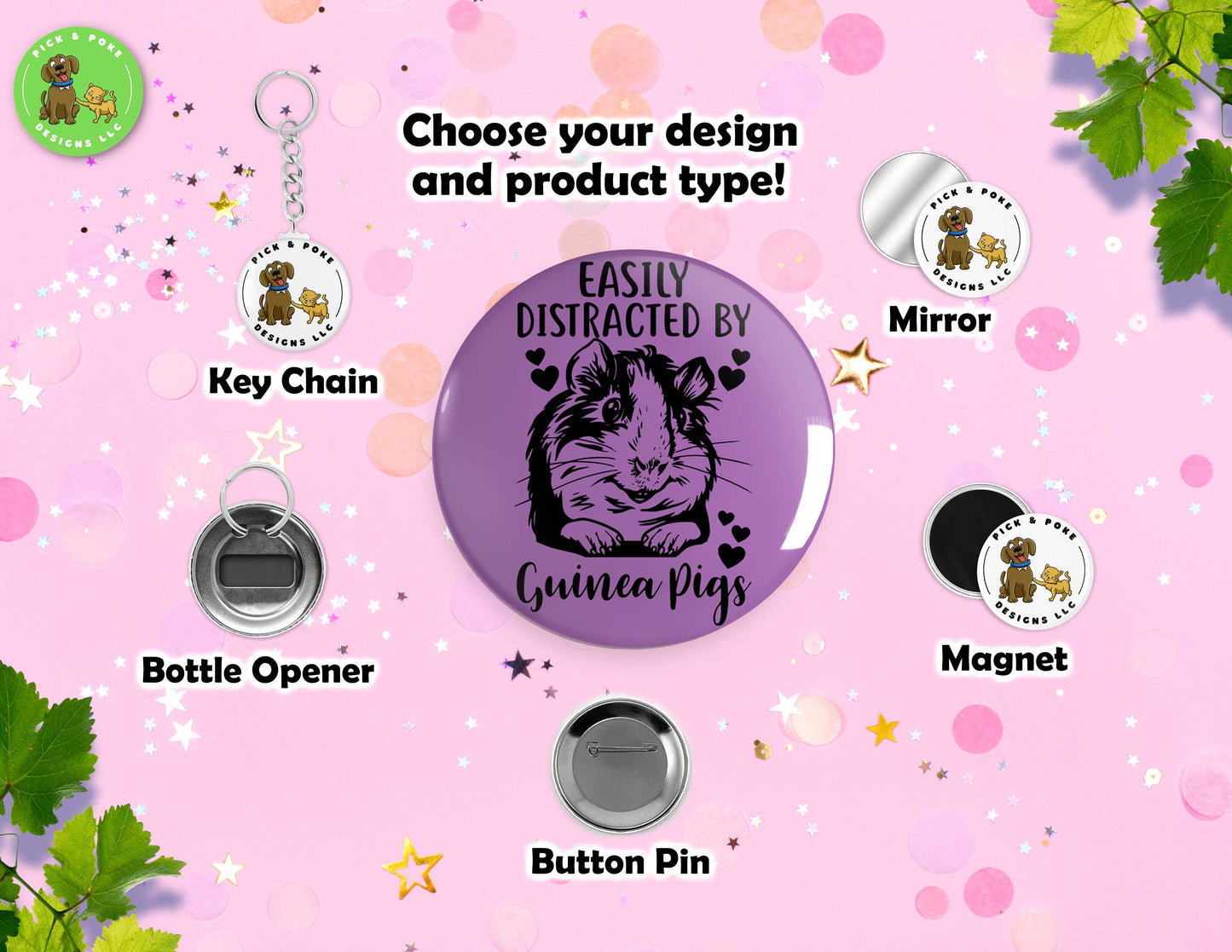 Easily Distracted By Guinea Pigs | Button Pin, Keychain, Magnet, Bottle Opener, or Mirror | 2.25-inch Size