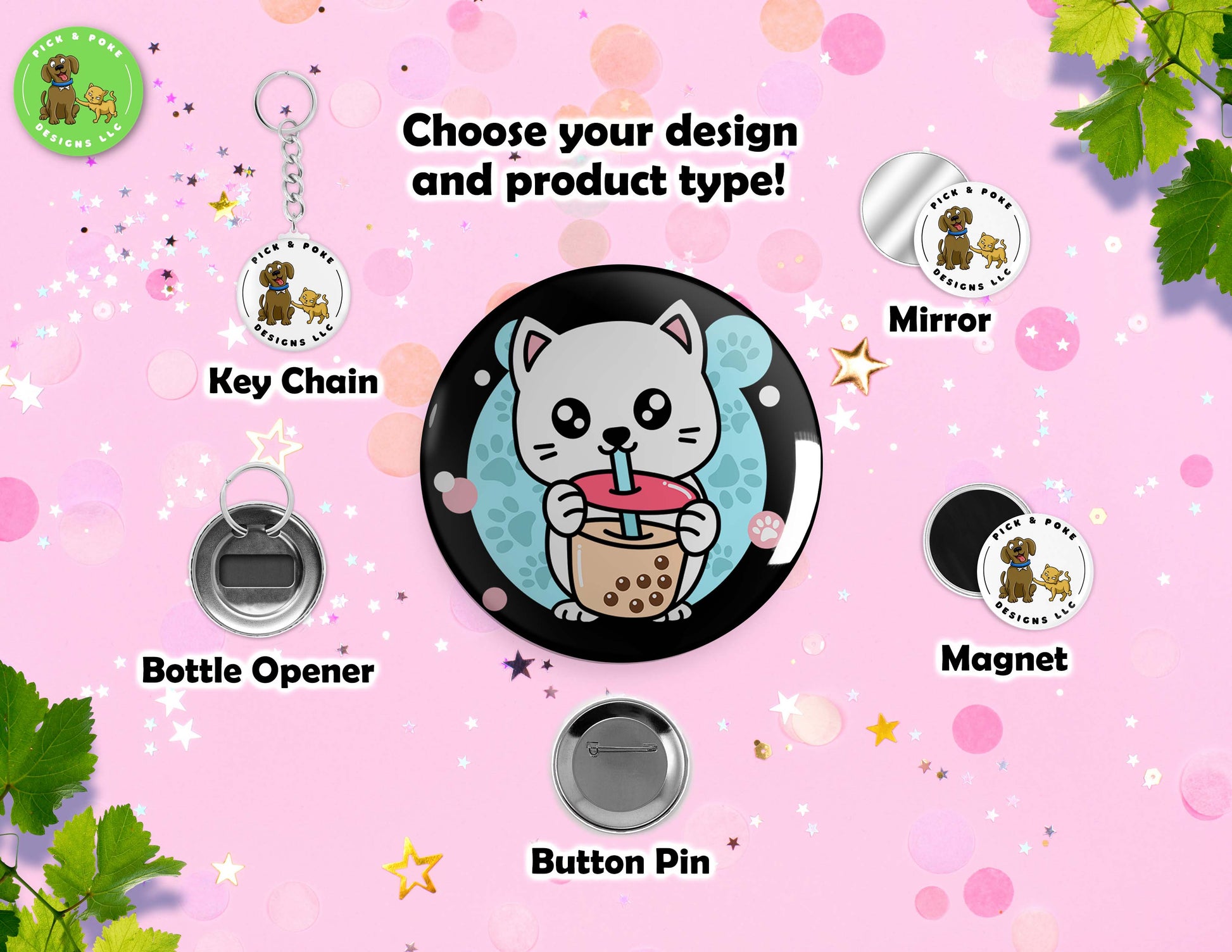 Cats Drinking Boba Tea | Button Pin, Key Chain, Magnet, Bottle Opener, or Mirror | 2.25-inch SizePick and Poke Designs