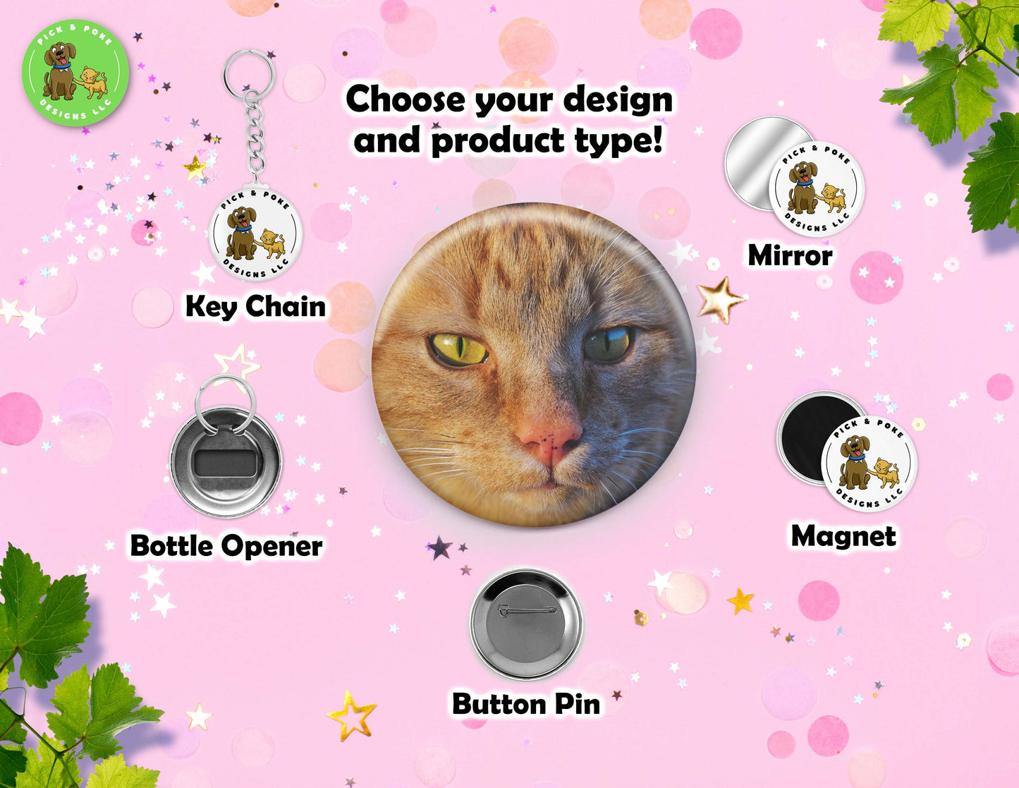 Funny Cat Face Button Pins | Pinback Button, Key Chain, Magnet, Bottle Opener, or Mirror | 2.25-inch Size | Made to Order