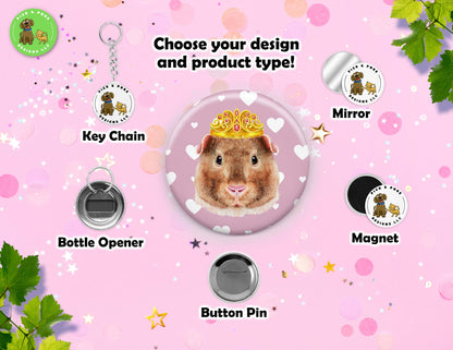 Guinea Pig Wearing Crown Button | 2.25-inch Round Size | Metal Pin Back Design | Made to Order