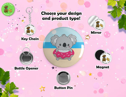 Cute Summer Koala Bear | Button Pin, Keychain, Magnet, Bottle Opener, or Mirror | 2.25-inch Size