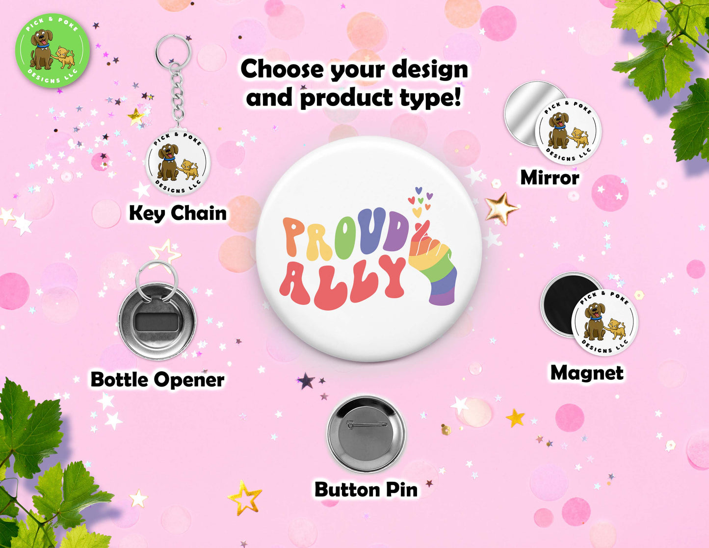 LGBTQIA2S+ Ally and Pride Button Pins | 2.25-inch Round Size | Metal Pin Back Design | Made to Order