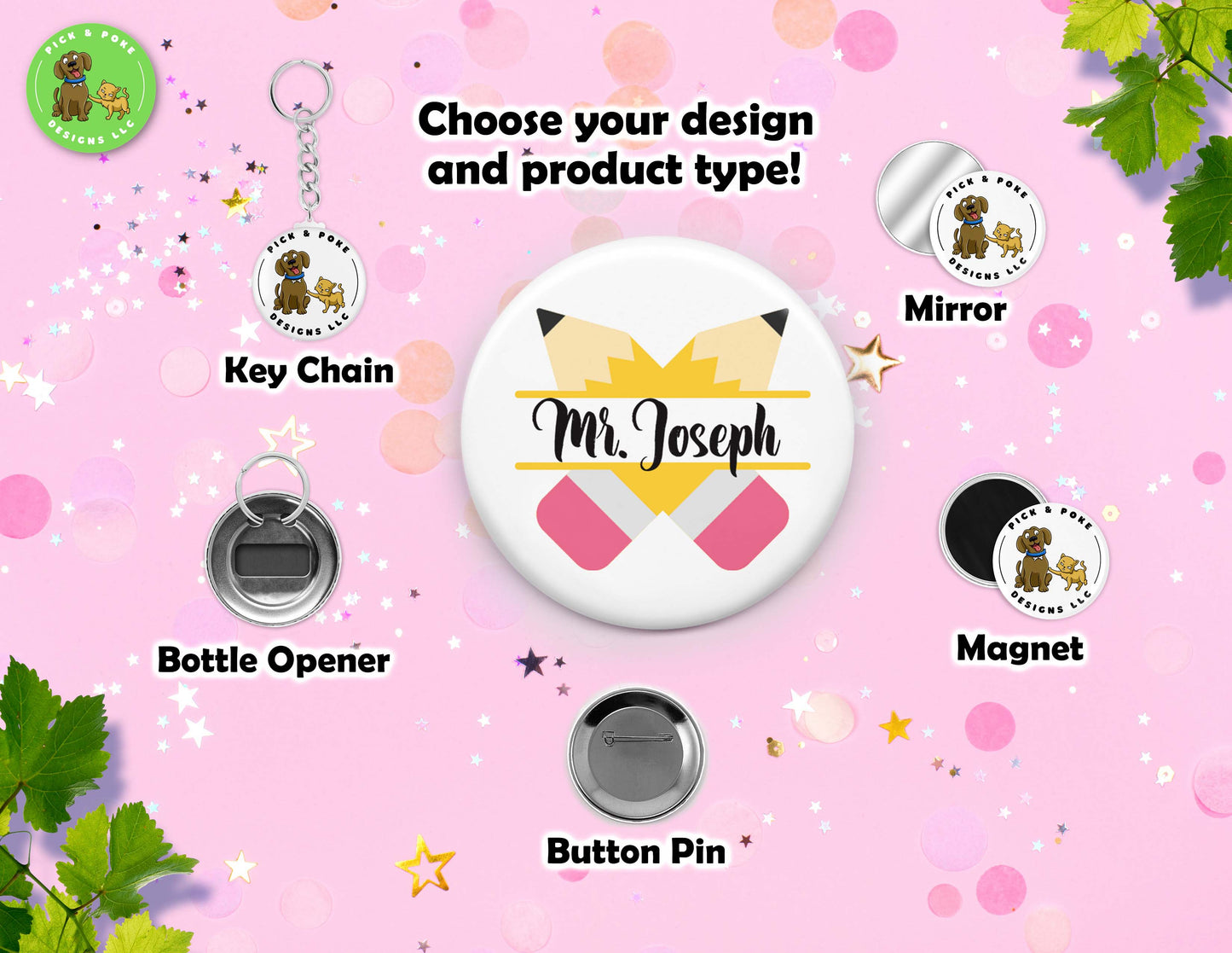 Personalized Teacher Name | Button Pin, Keychain, Magnet, Bottle Opener, or Mirror Option | 2.25-inch Size