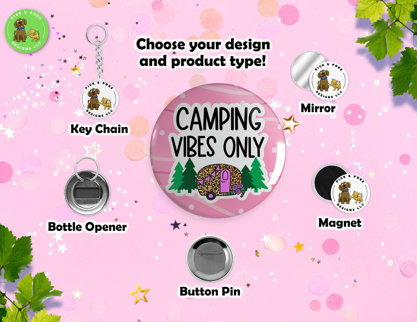 Pink Camper RV Home is Where You Park It | Pinback Button, Keychain, Magnet, Bottle Opener, or Mirror | 2.25-inch SizePick and Poke Designs