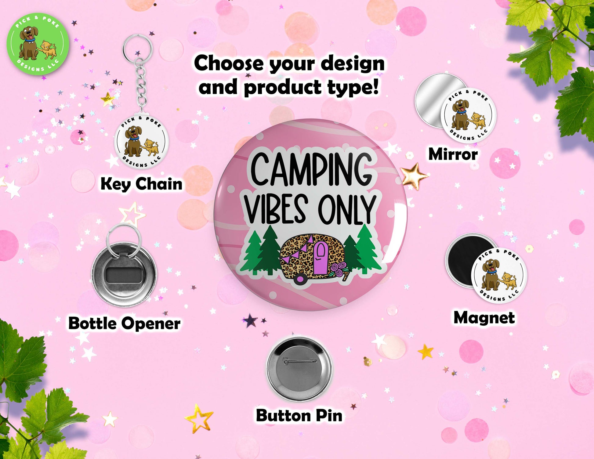 Pink Camper RV Home is Where You Park It | Pinback Button, Keychain, Magnet, Bottle Opener, or Mirror | 2.25-inch SizePick and Poke Designs