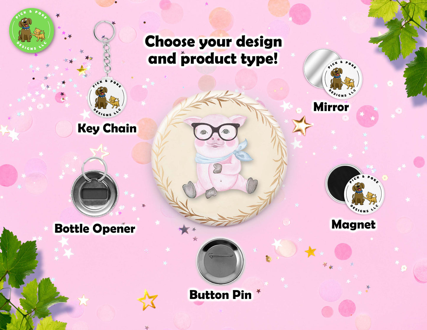 Cute Baby Animals Wearing Glasses | Pin-Back Button, Key Chain, Magnet, Bottle Opener, or Mirror Option | 2.25-inch Round Size | Made to Order
