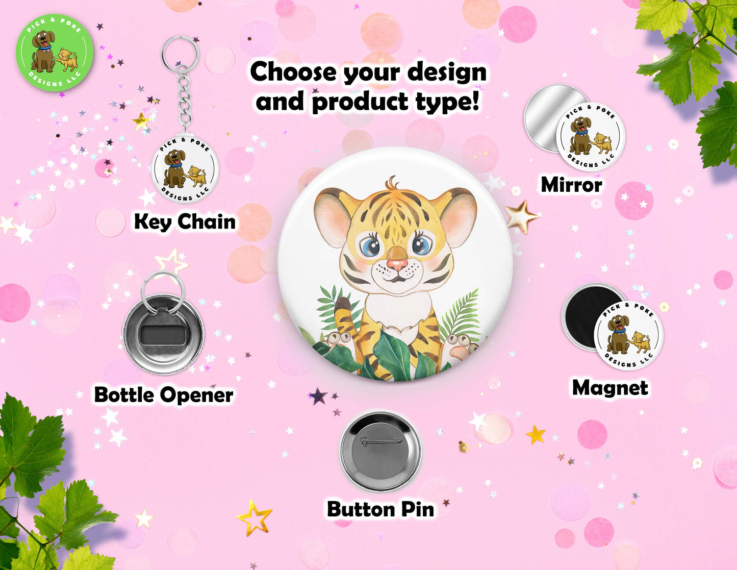 Cute Safari Baby Animals Watercolor Style Buttons | 2.25-inch Round Size | Metal Pin Back Design | Made to Order