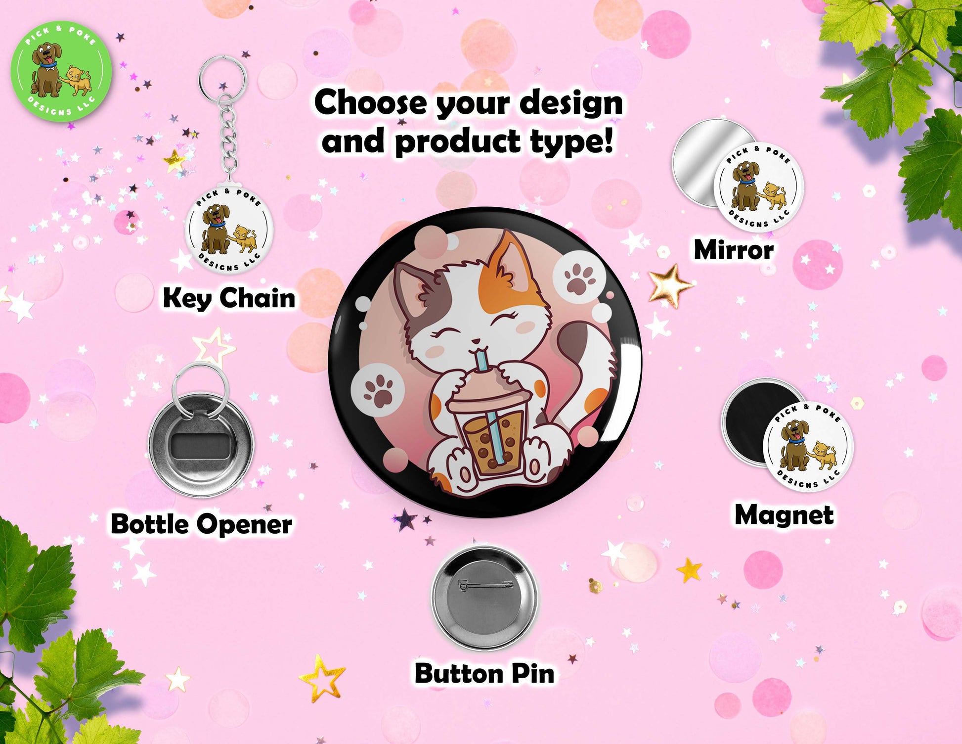 Cats Drinking Boba Tea | Button Pin, Key Chain, Magnet, Bottle Opener, or Mirror | 2.25-inch SizePick and Poke Designs