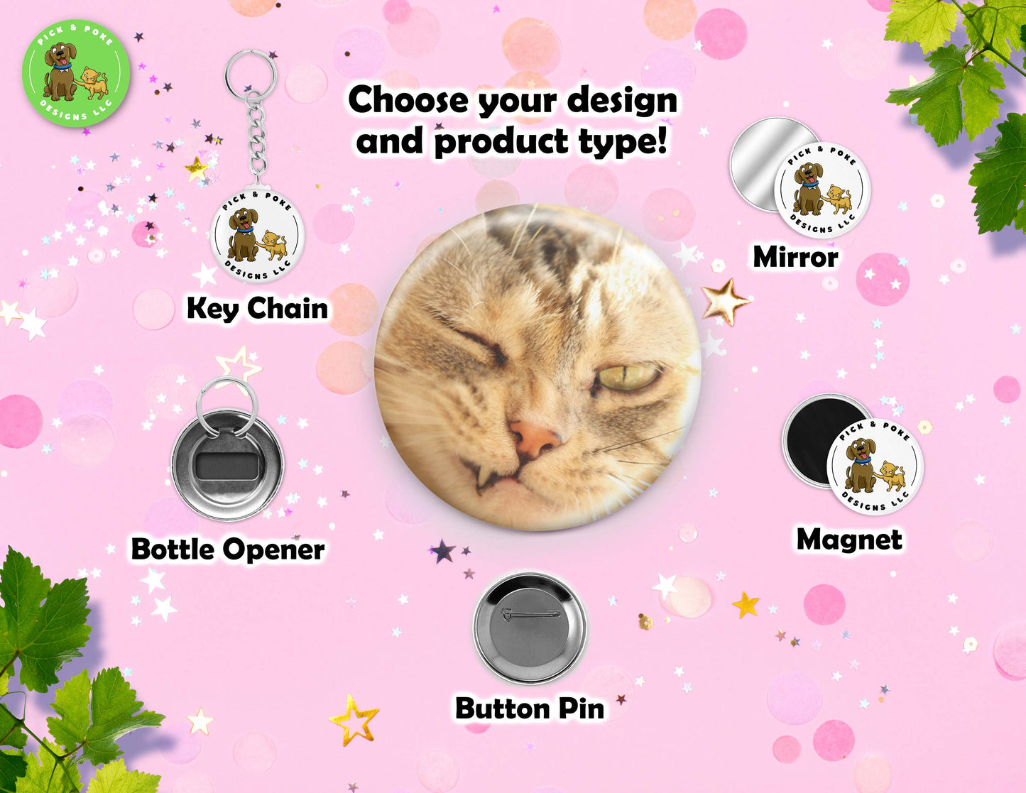 Funny Cat Face Button Pins | Pinback Button, Key Chain, Magnet, Bottle Opener, or Mirror | 2.25-inch Size | Made to Order