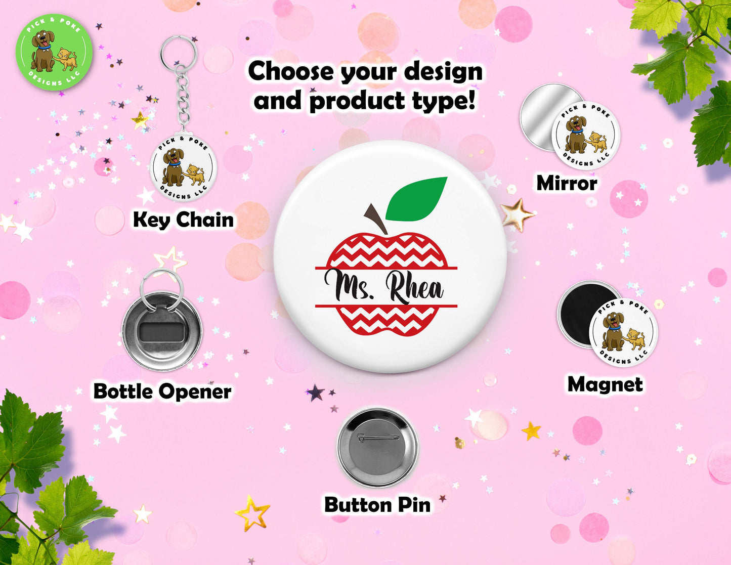 Personalized Teacher Name | Button Pin, Keychain, Magnet, Bottle Opener, or Mirror Option | 2.25-inch Size