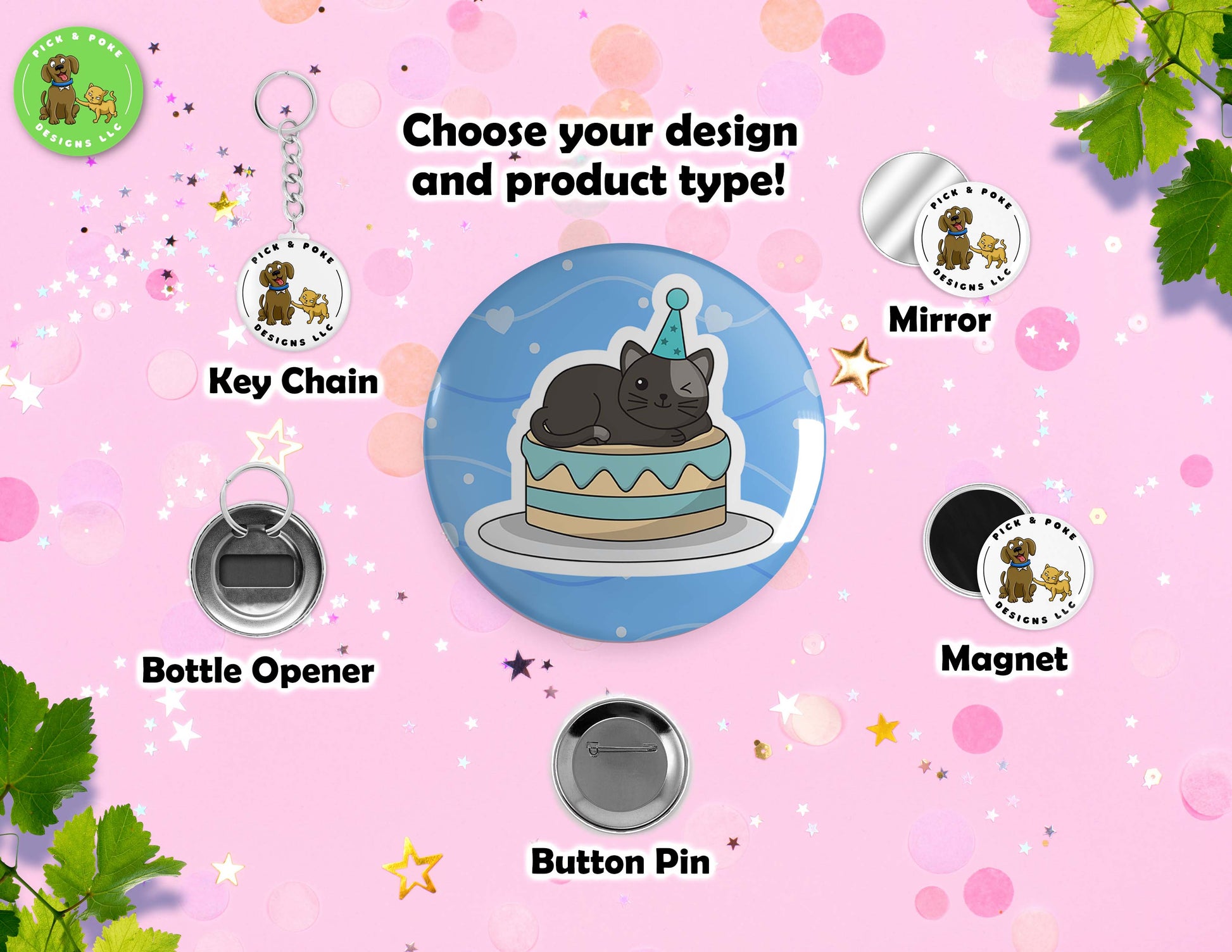 Copy Birthday Cats | Pinback Button Pin, Keychain, Magnet, Bottle Opener, or Mirror | 2.25-inch SizePick and Poke Designs