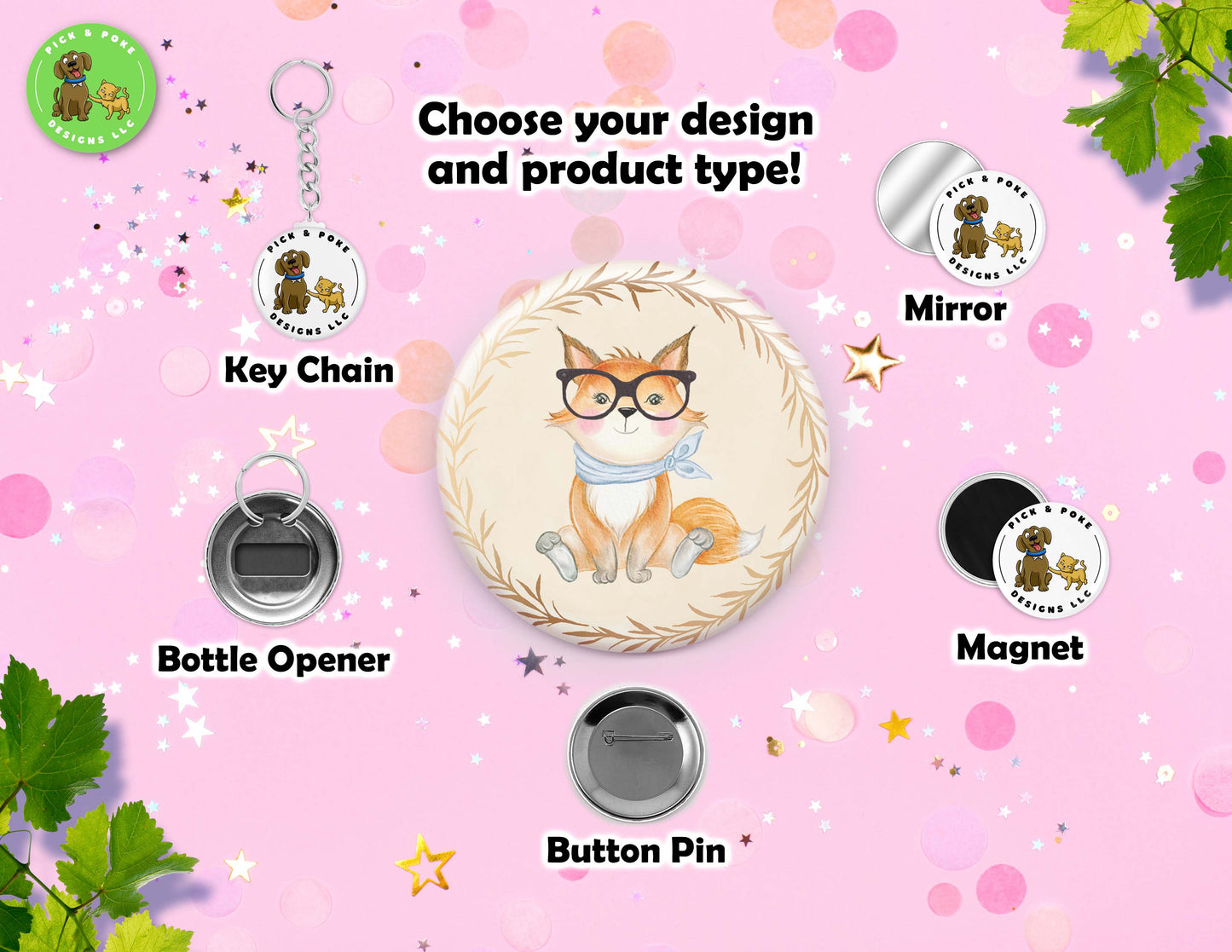 Cute Baby Animals Wearing Glasses | Pin-Back Button, Key Chain, Magnet, Bottle Opener, or Mirror Option | 2.25-inch Round Size | Made to Order