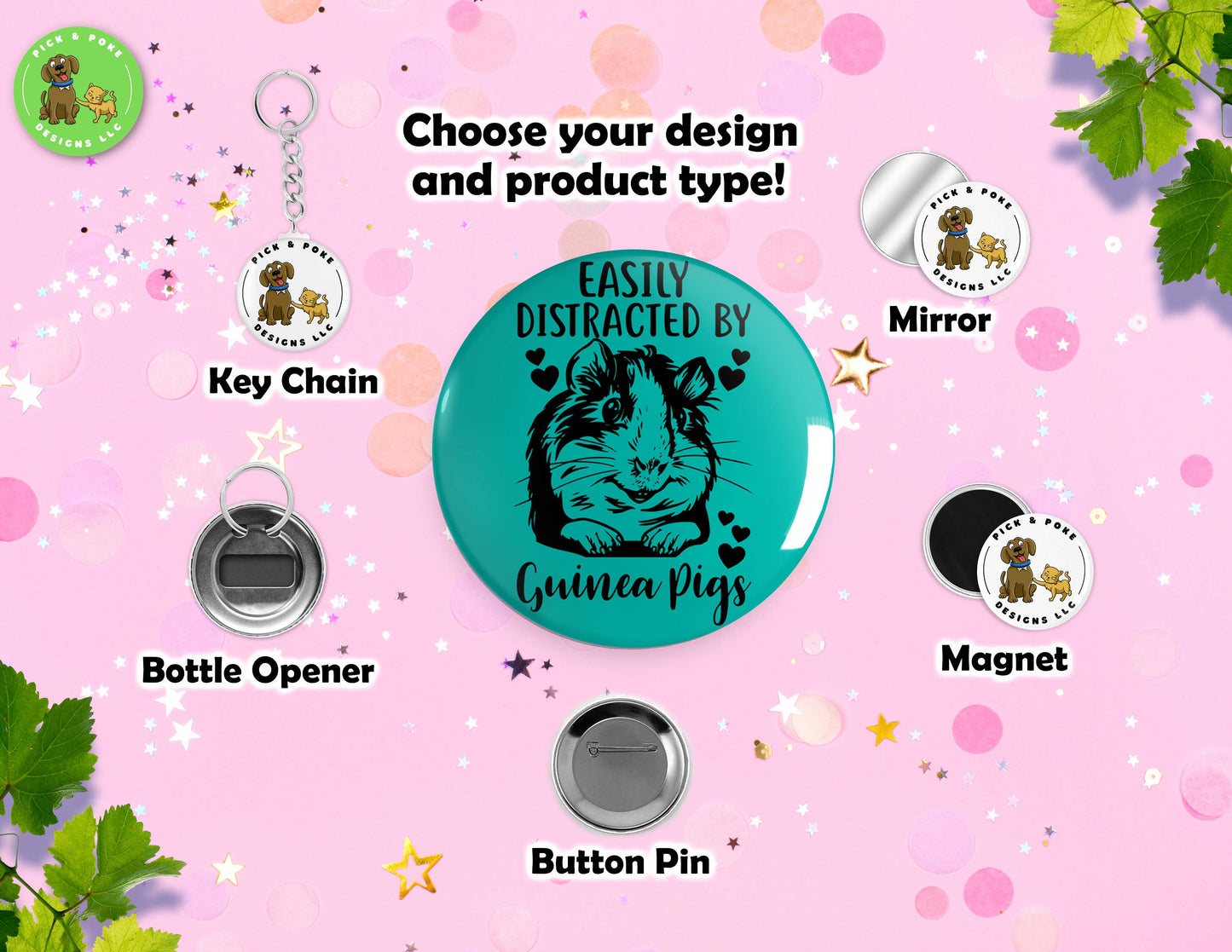 Easily Distracted By Guinea Pigs | Button Pin, Keychain, Magnet, Bottle Opener, or Mirror | 2.25-inch Size