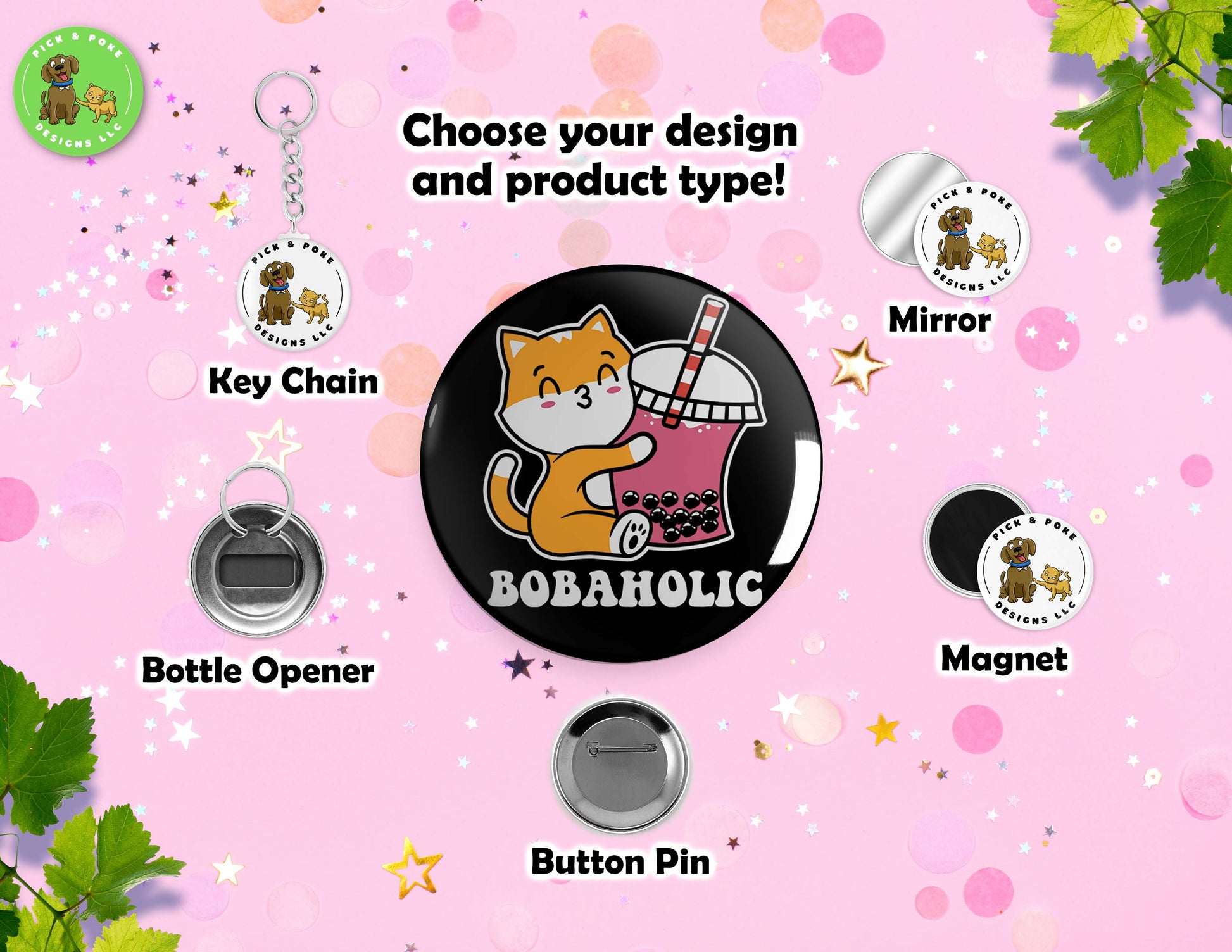 Cats Drinking Boba Tea | Button Pin, Key Chain, Magnet, Bottle Opener, or Mirror | 2.25-inch SizePick and Poke Designs