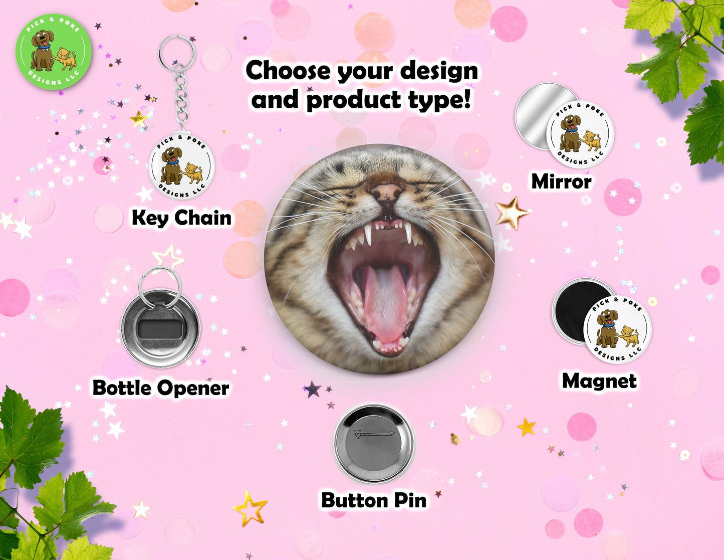 Funny Cat Face Button Pins | Pinback Button, Key Chain, Magnet, Bottle Opener, or Mirror | 2.25-inch Size | Made to Order