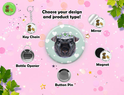 Guinea Pig Wearing Crown Button | 2.25-inch Round Size | Metal Pin Back Design | Made to Order