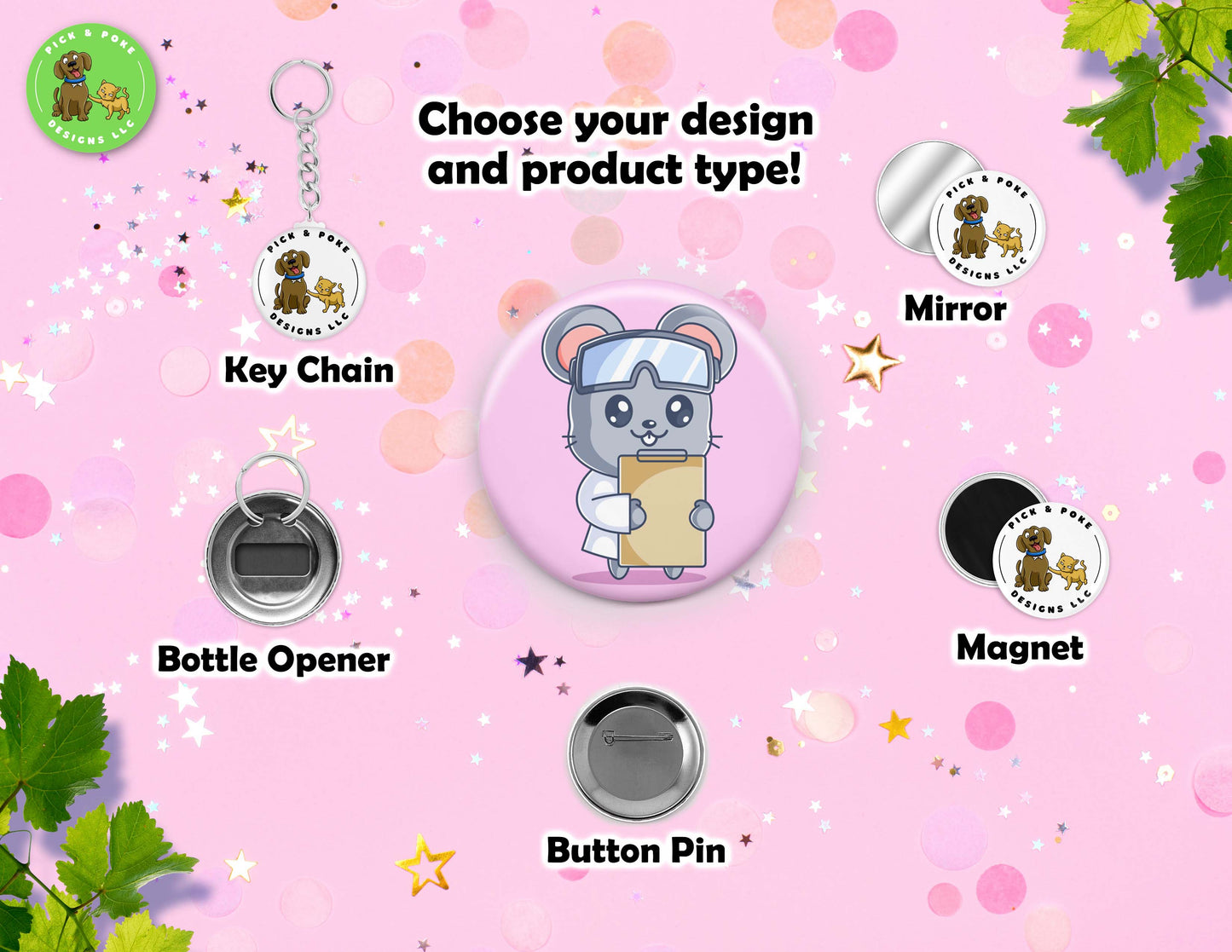Cute Mouse Scientist | Button Pin, Key Chain, Magnet, Bottle Opener, or Mirror | 2.25-inch Size