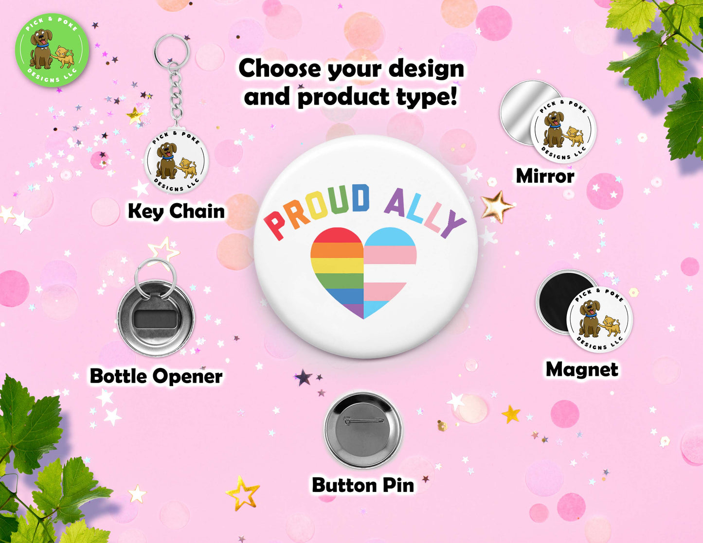LGBTQIA2S+ Ally and Pride Button Pins | 2.25-inch Round Size | Metal Pin Back Design | Made to Order