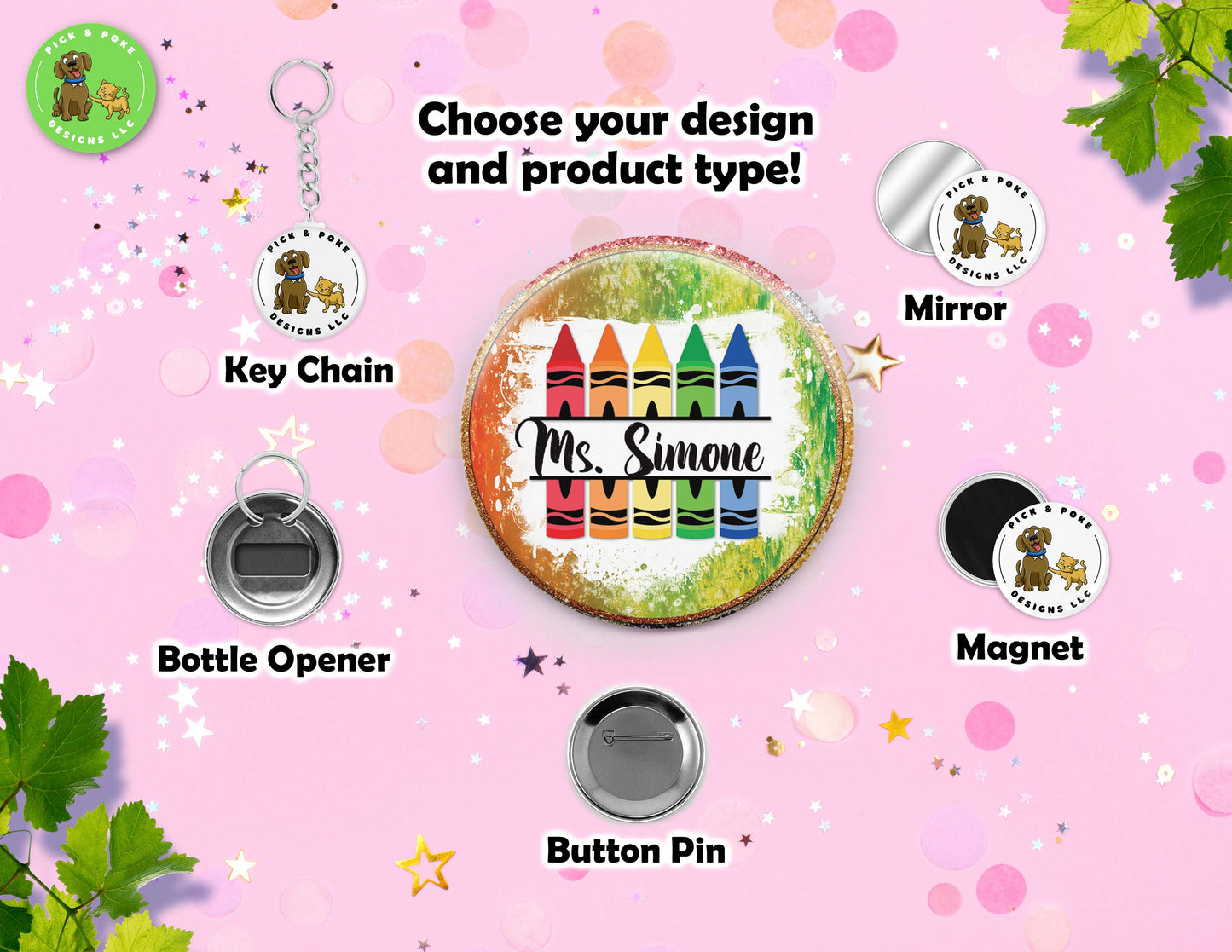 Personalized Teacher Name | Button Pin, Keychain, Magnet, Bottle Opener, or Mirror Option | 2.25-inch Size