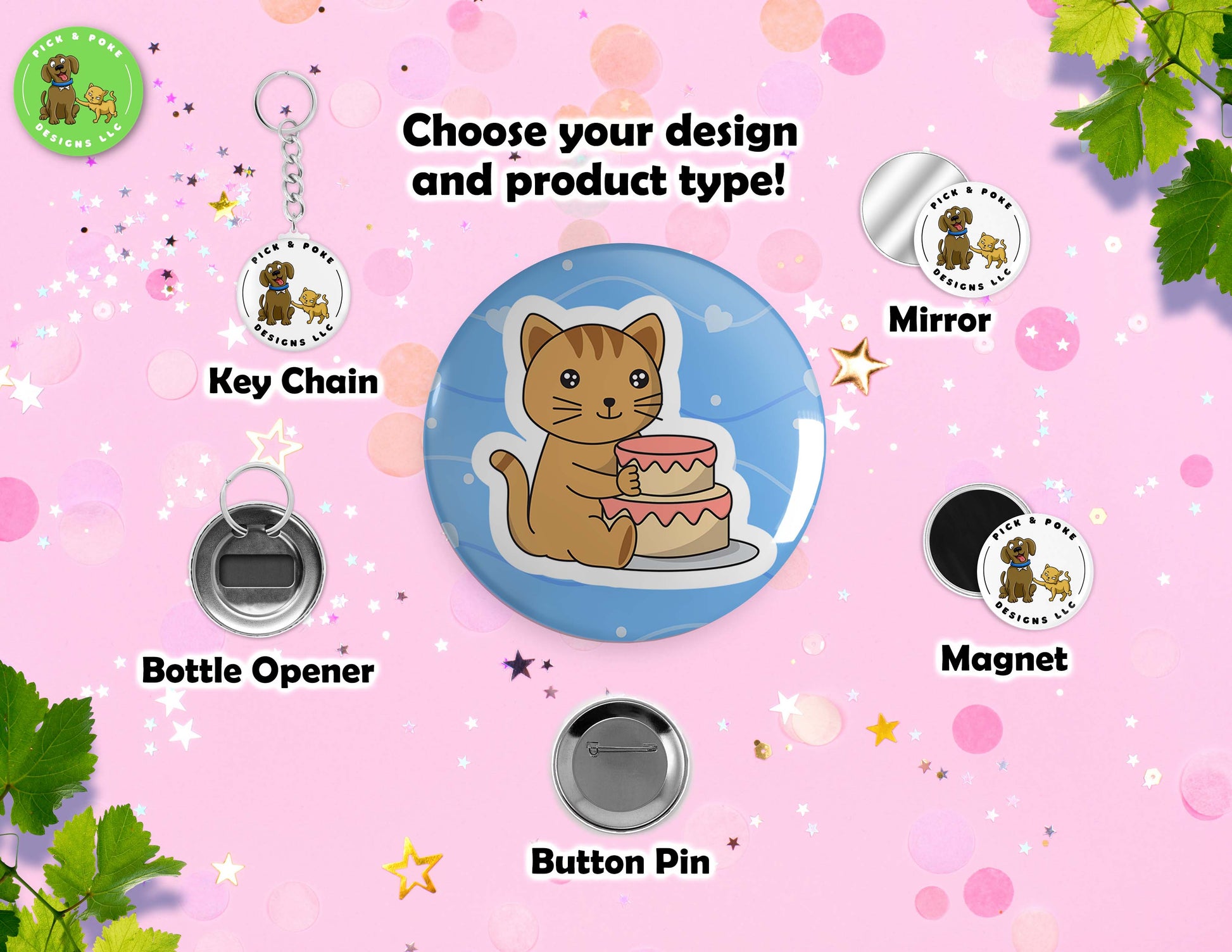 Copy Birthday Cats | Pinback Button Pin, Keychain, Magnet, Bottle Opener, or Mirror | 2.25-inch SizePick and Poke Designs