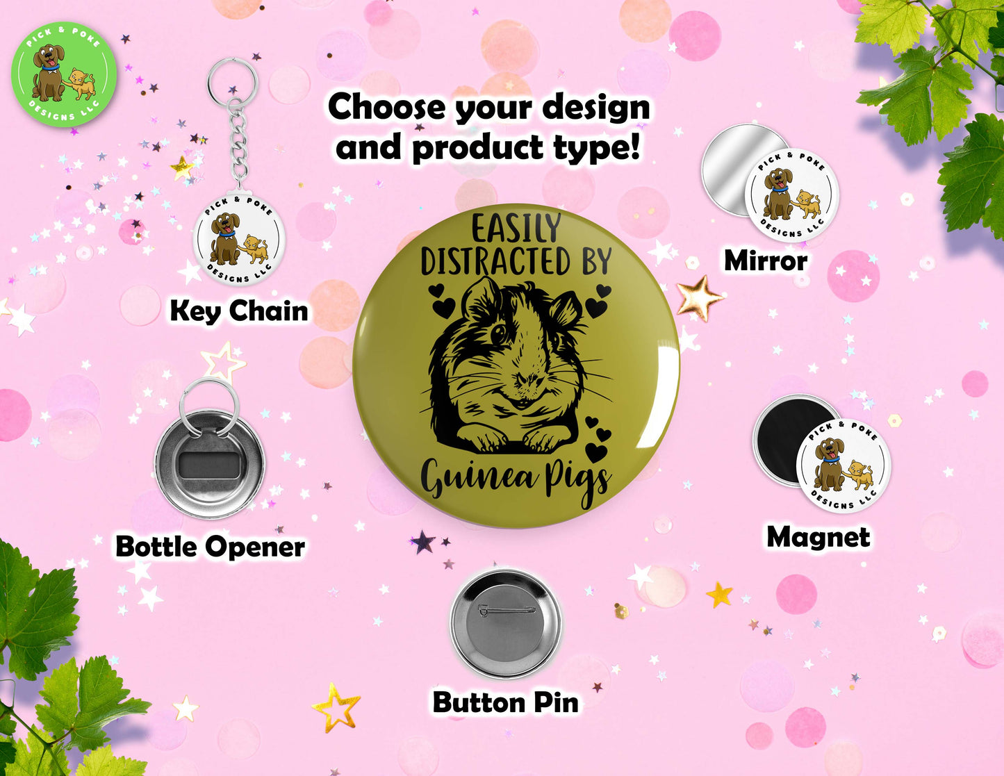 Easily Distracted By Guinea Pigs | Button Pin, Keychain, Magnet, Bottle Opener, or Mirror | 2.25-inch Size