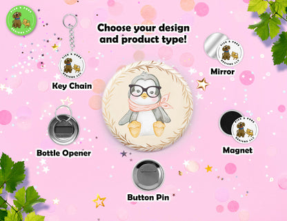 Cute Baby Animals Wearing Glasses | Pin-Back Button, Key Chain, Magnet, Bottle Opener, or Mirror Option | 2.25-inch Round Size | Made to Order