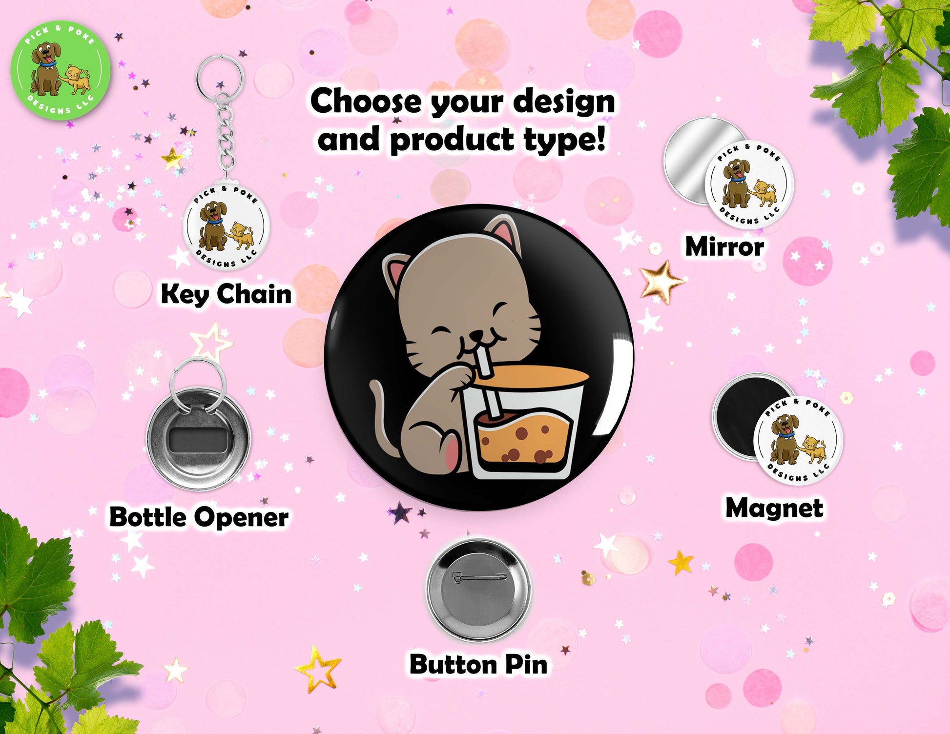 Cats Drinking Boba Tea | Button Pin, Key Chain, Magnet, Bottle Opener, or Mirror | 2.25-inch SizePick and Poke Designs