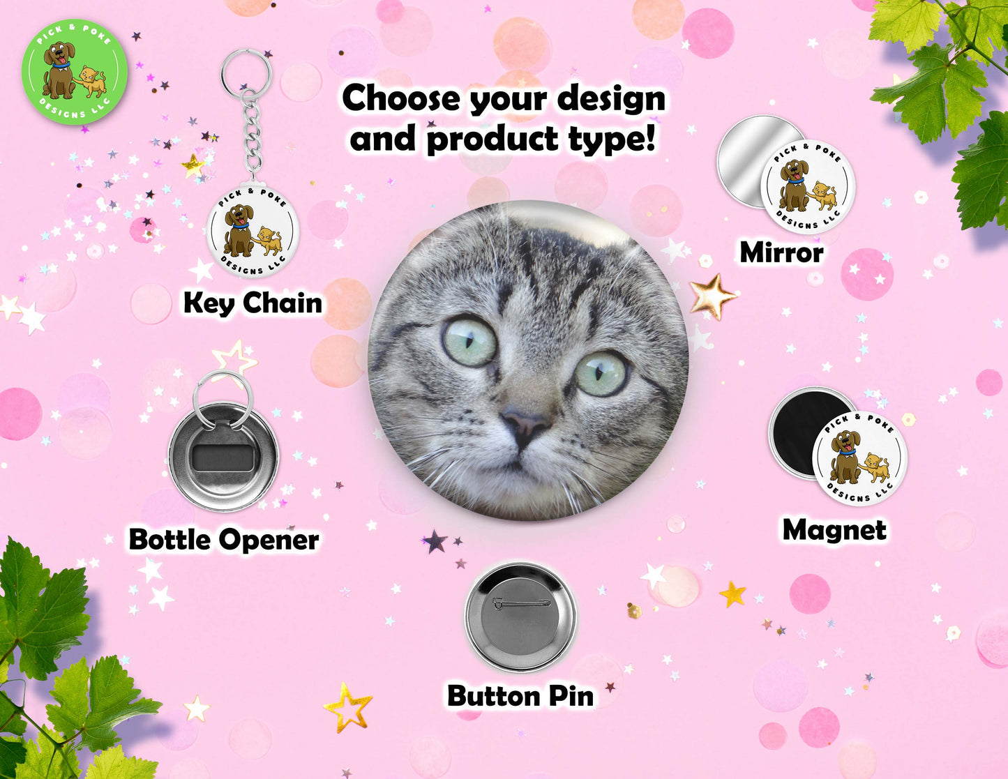 Funny Cat Face Button Pins | Pinback Button, Key Chain, Magnet, Bottle Opener, or Mirror | 2.25-inch Size | Made to Order