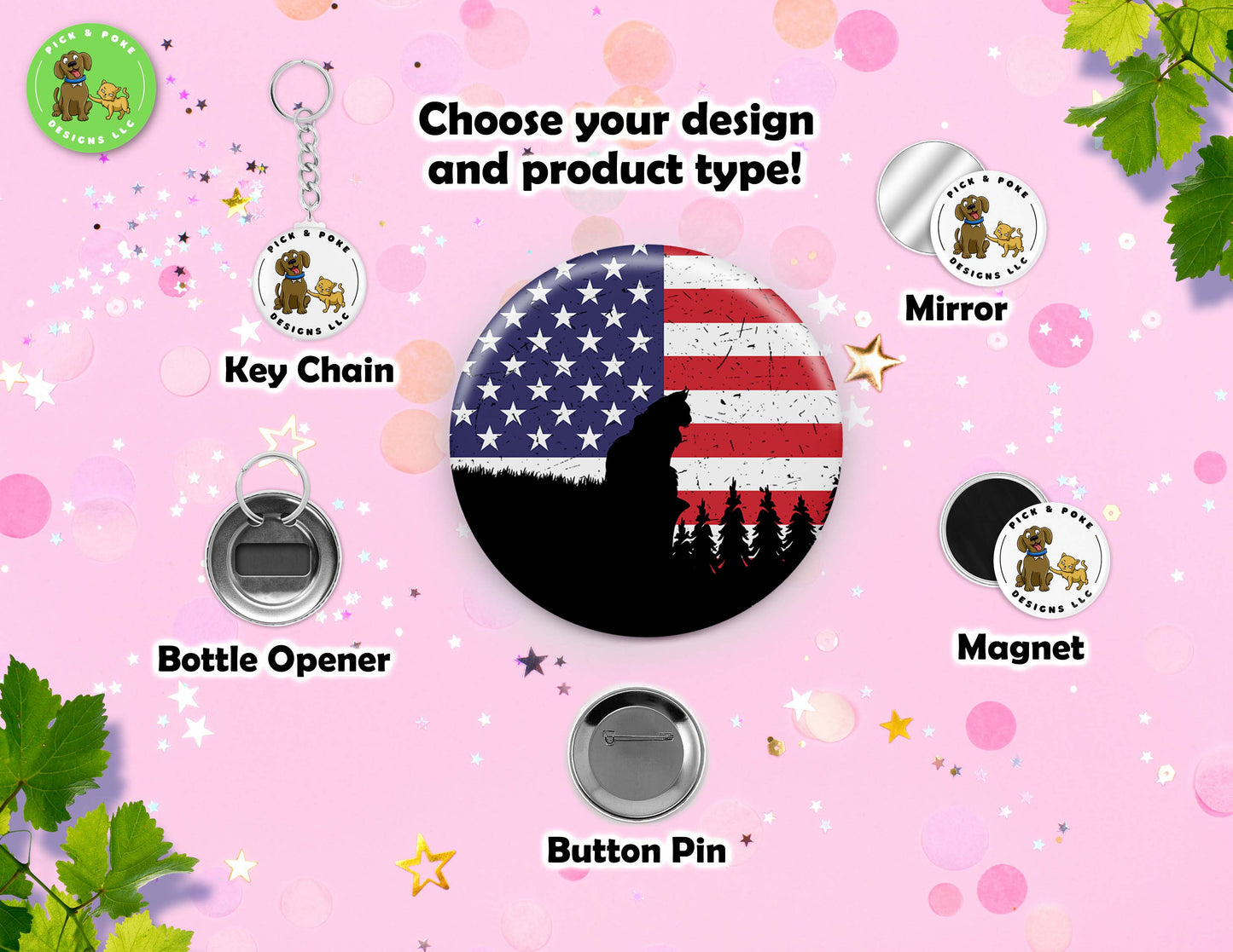 Patriotic USA Cat Designs | Pinback Button, Key Chain, Magnet, Bottle Opener, or Mirror | 2.25-inch Size | Made to Order