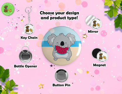 Cute Summer Koala Bear | Button Pin, Keychain, Magnet, Bottle Opener, or Mirror | 2.25-inch Size
