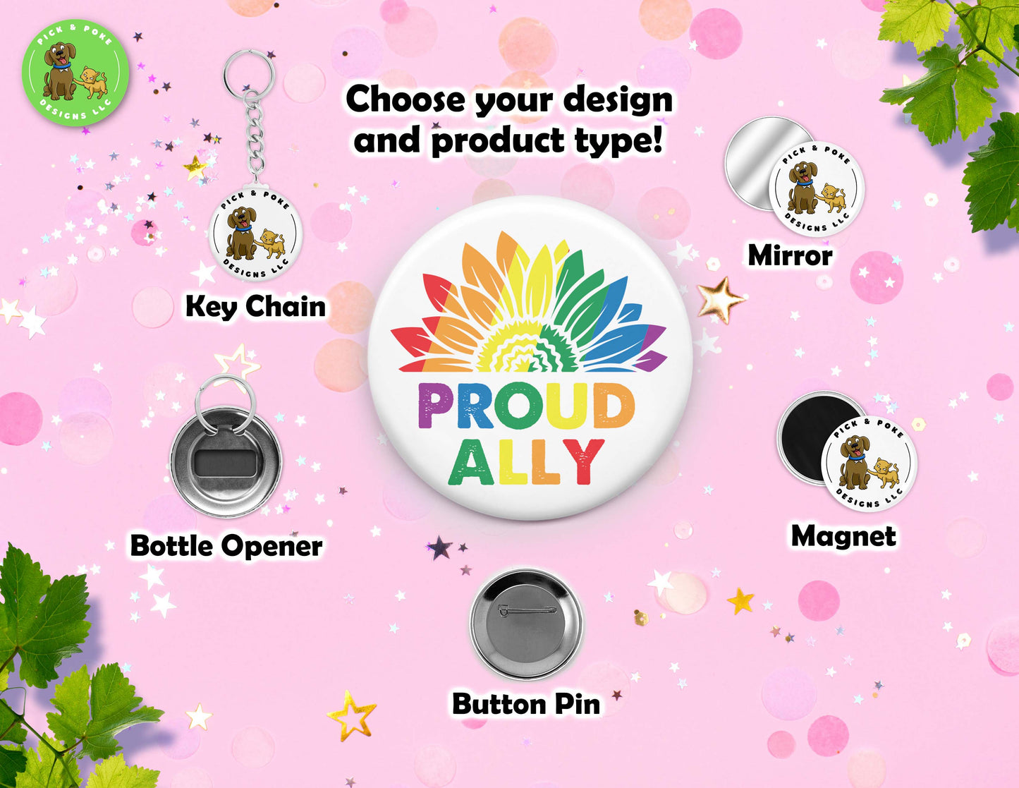 LGBTQIA2S+ Ally and Pride Button Pins | 2.25-inch Round Size | Metal Pin Back Design | Made to Order