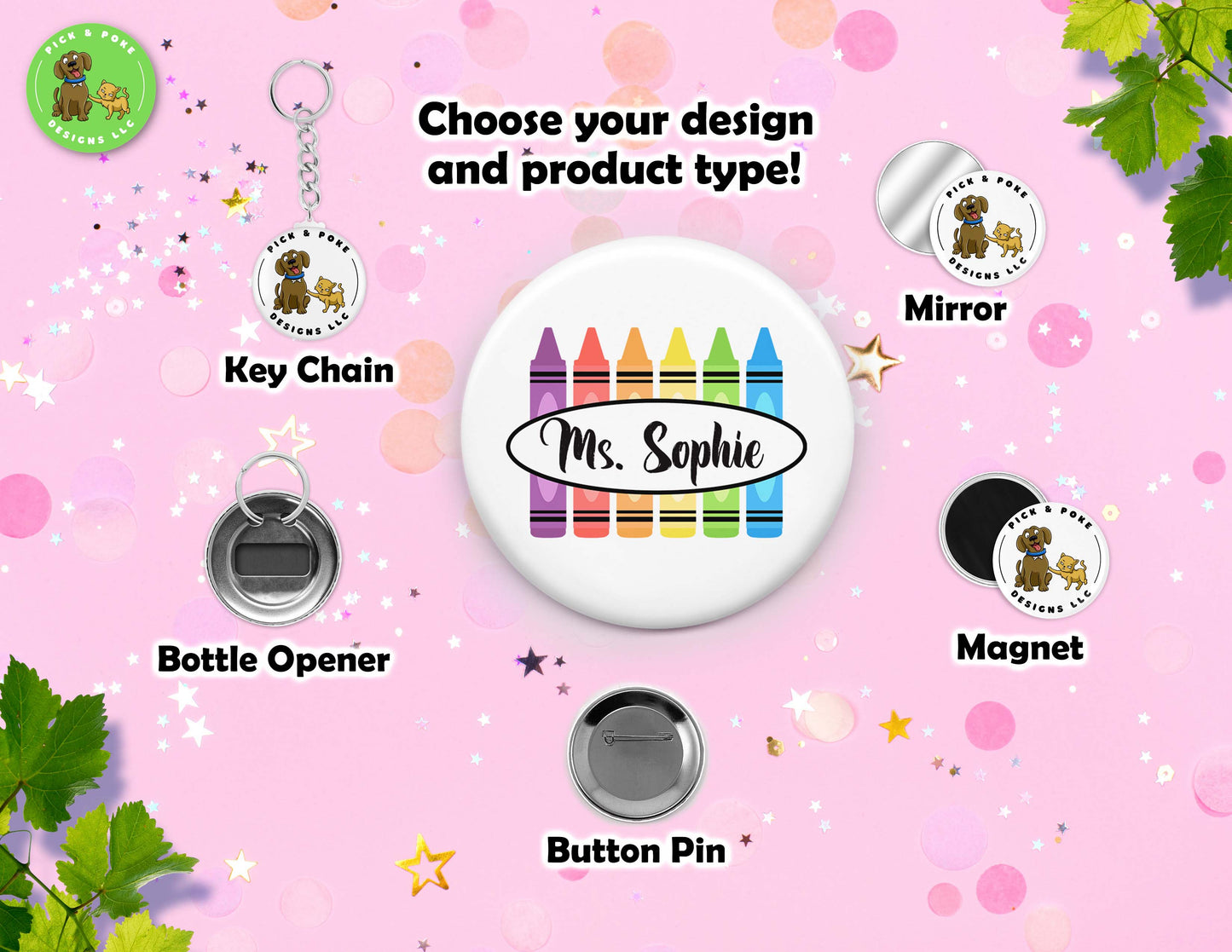 Personalized Teacher Name | Button Pin, Keychain, Magnet, Bottle Opener, or Mirror Option | 2.25-inch Size