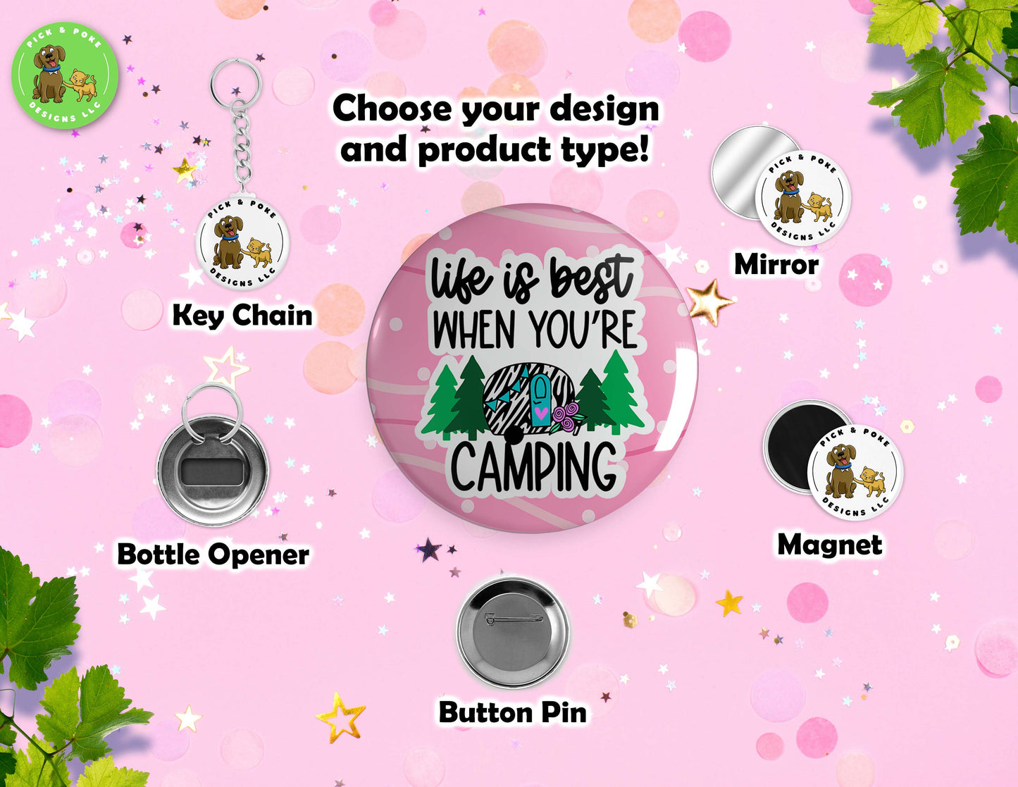 Pink Camper RV Home is Where You Park It | Pinback Button, Keychain, Magnet, Bottle Opener, or Mirror | 2.25-inch SizePick and Poke Designs