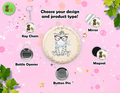 Cute Baby Animals Wearing Glasses | Pin-Back Button, Key Chain, Magnet, Bottle Opener, or Mirror Option | 2.25-inch Round Size | Made to Order