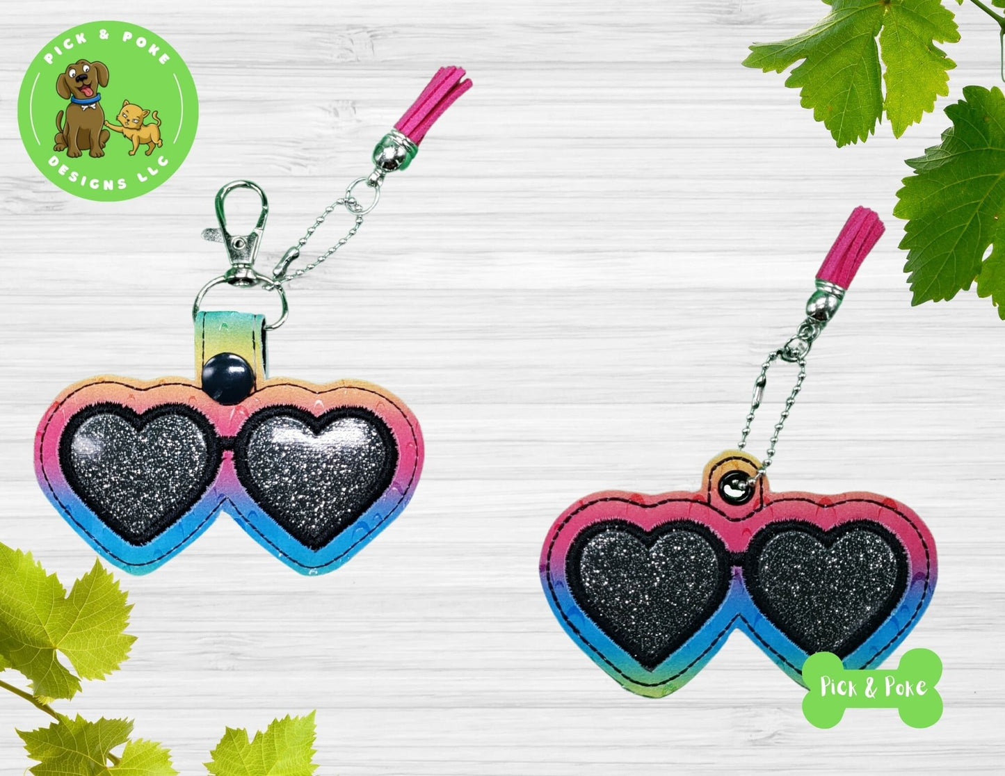 In the Hoop Embroidery Project / Heart Sunglasses Applique Snap Tab and Eyelet Key Fob / Digital File / Instant Download / Set / ITH Design