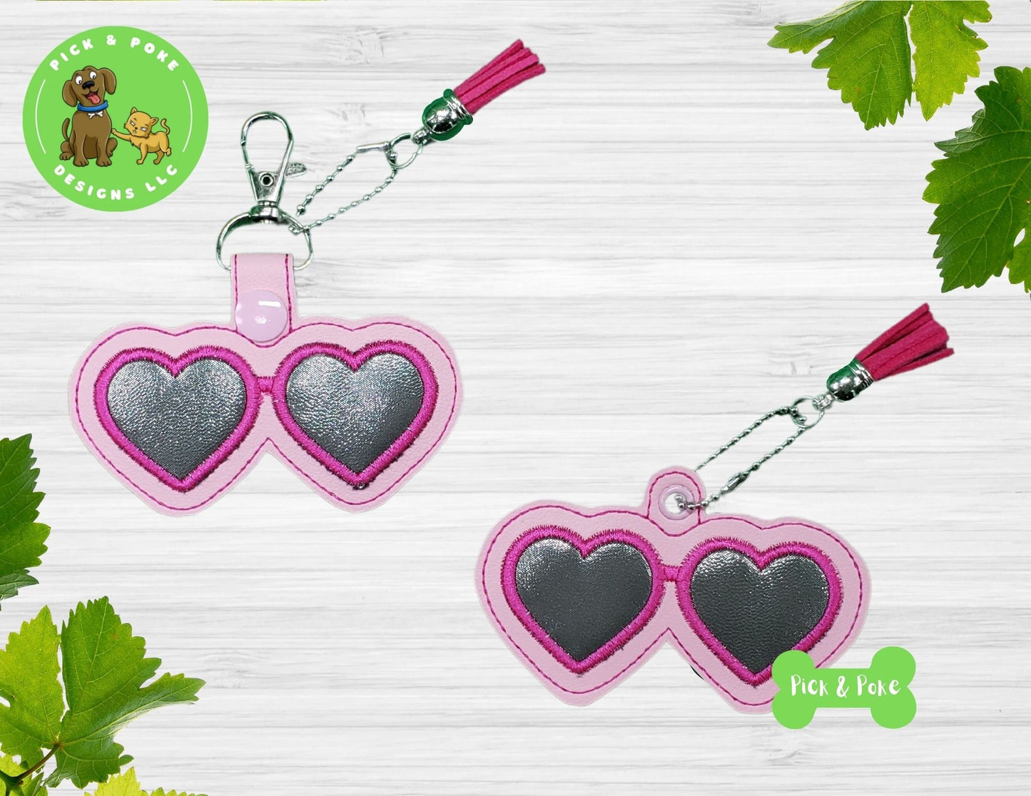 In the Hoop Embroidery Project / Heart Sunglasses Applique Snap Tab and Eyelet Key Fob / Digital File / Instant Download / Set / ITH Design