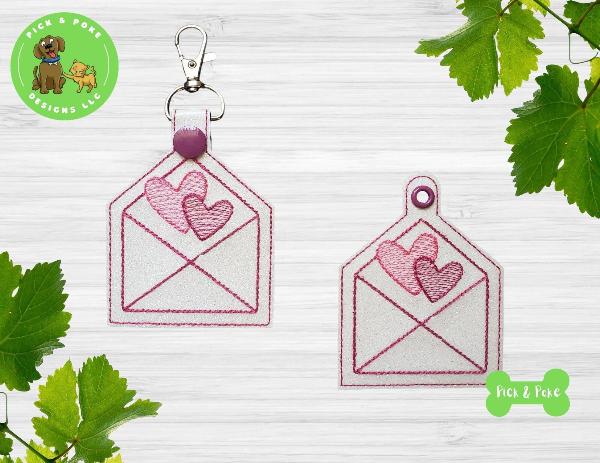 In the Hoop Embroidery Project / Hearts Love Letter Snap Tab and Eyelet Key Fob / Gift Tag / Digital File / Instant DOWNLOAD / SetPick and Poke Designs