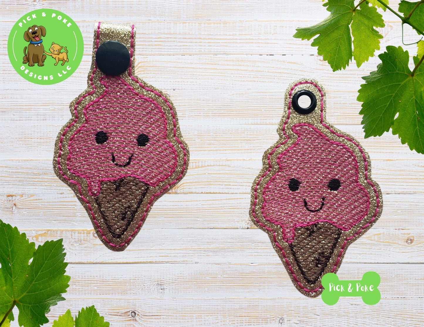 In the Hoop Embroidery Project / Cute Kawaii Ice Cream Snap Tab and Eyelet Key Fob / Gift Tag / Digital File / Instant DOWNLOAD / SetPick and Poke Designs