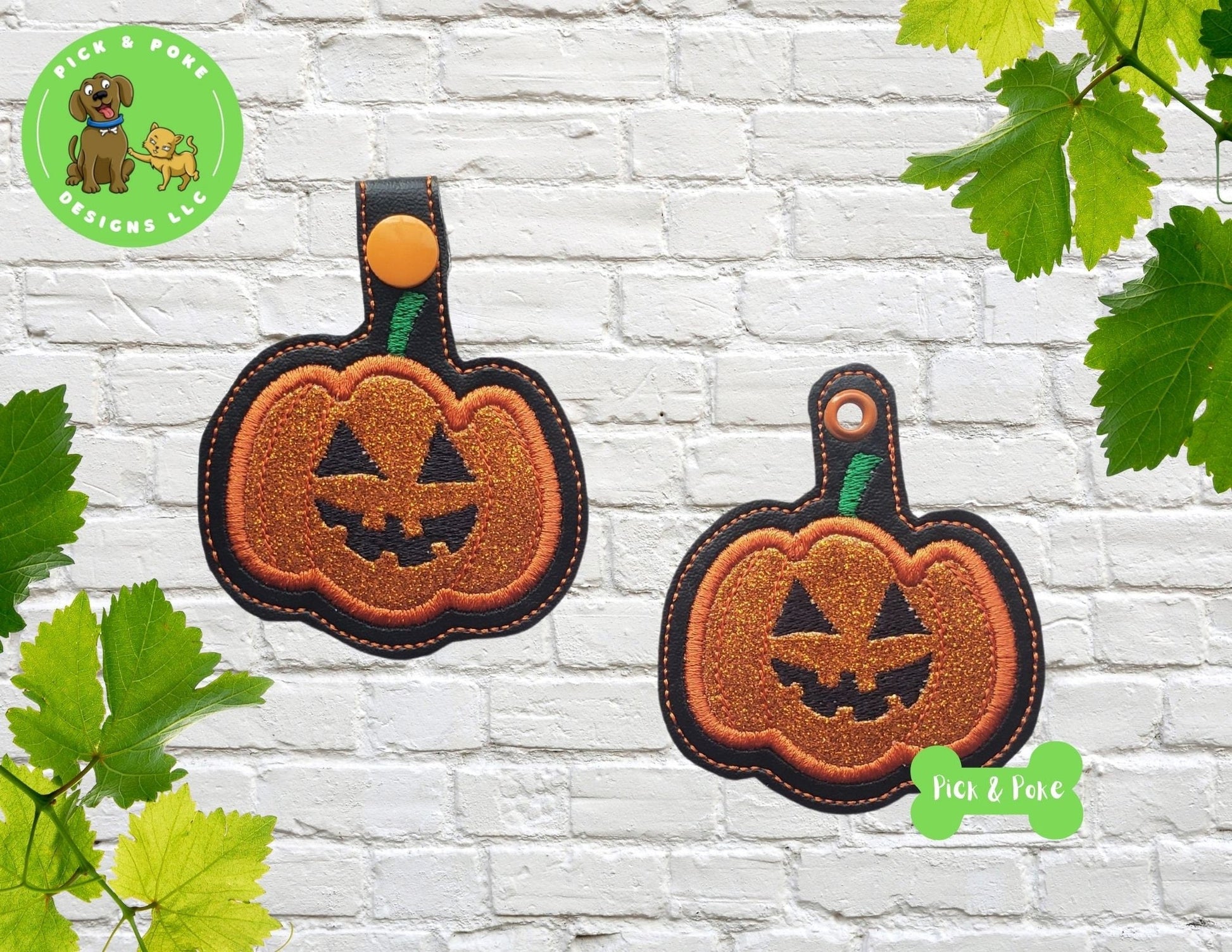 In the Hoop Embroidery Project / Applique Halloween Pumpkin Jack O Lantern Snap Tab and Eyelet Key Fob / Gift Tag  / Digital File / DOWNLOADPick and Poke Designs
