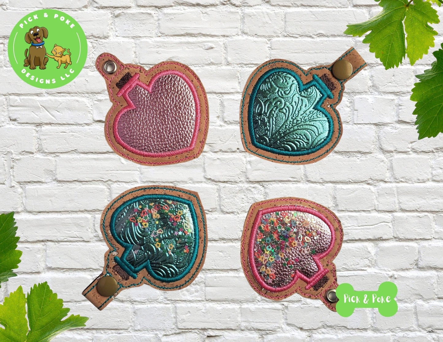 In the Hoop Embroidery Project / Applique Heart Potion Bottle Snap Tab and Eyelet Key Fob / Gift Tag / Digital File / Instant DOWNLOAD / SetPick and Poke Designs
