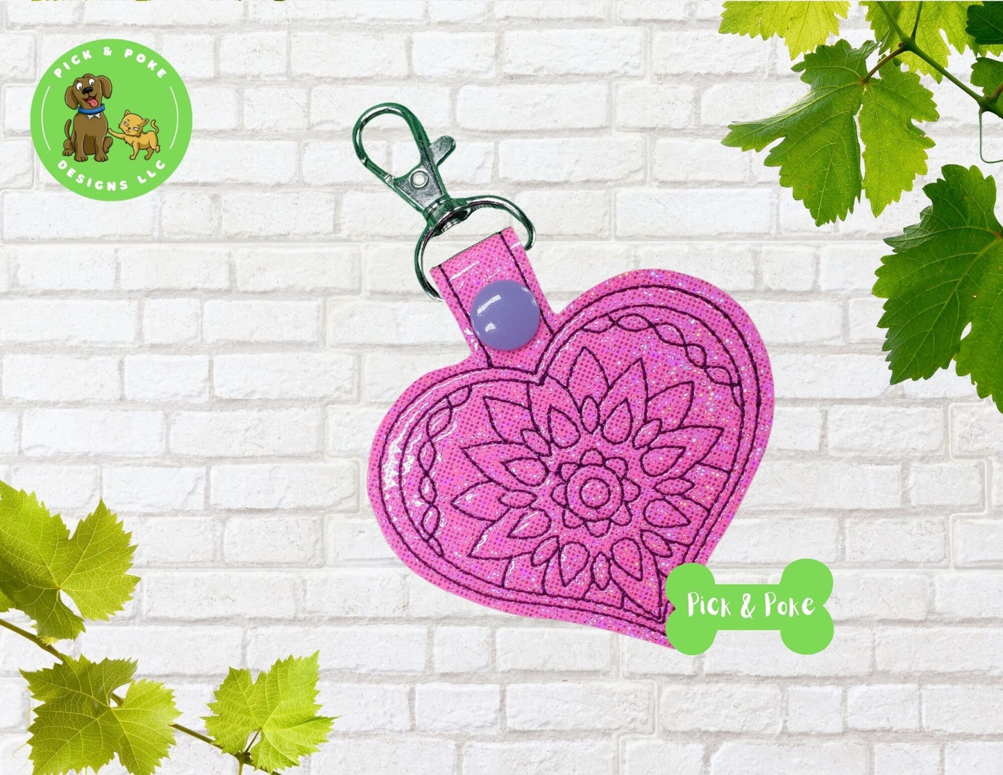 In the Hoop Embroidery Project / Heart Shaped Mandala Snap Tab /  Digital File / Instant Download / Set of 5 Designs / ITH DesignPick and Poke Designs