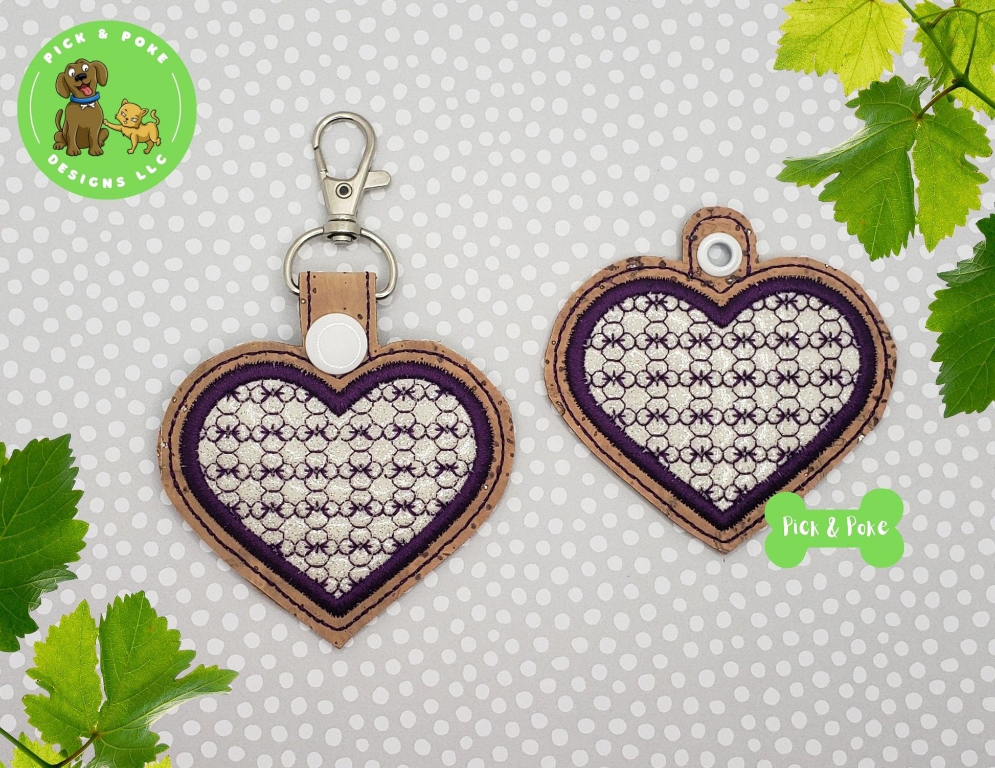 In the Hoop Embroidery Project / Applique Heart with Motif Snap Tab and Eyelet Key Fob / Gift Tag / Digital File / Instant DOWNLOAD / SetPick and Poke Designs