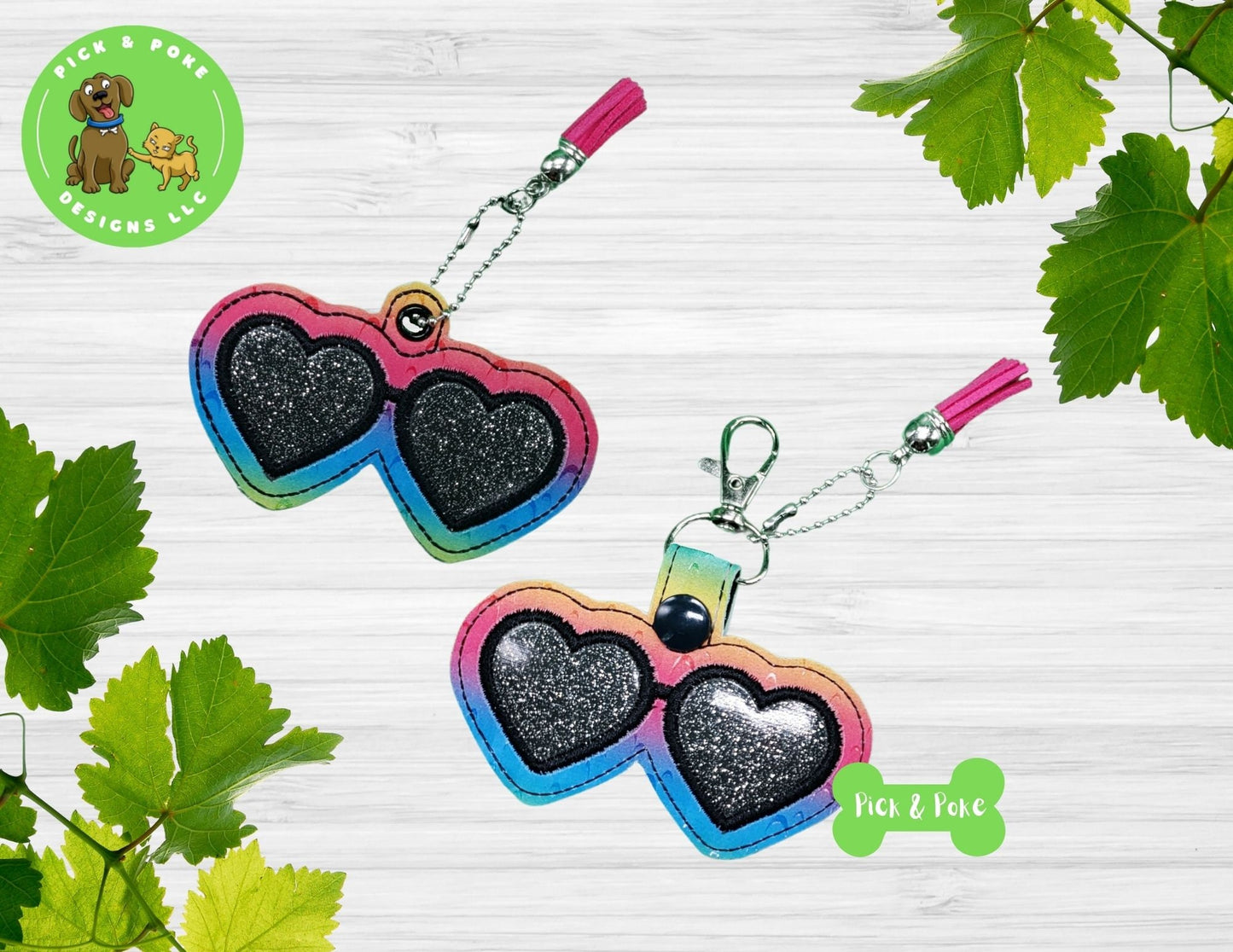 In the Hoop Embroidery Project / Heart Sunglasses Applique Snap Tab and Eyelet Key Fob / Digital File / Instant Download / Set / ITH Design