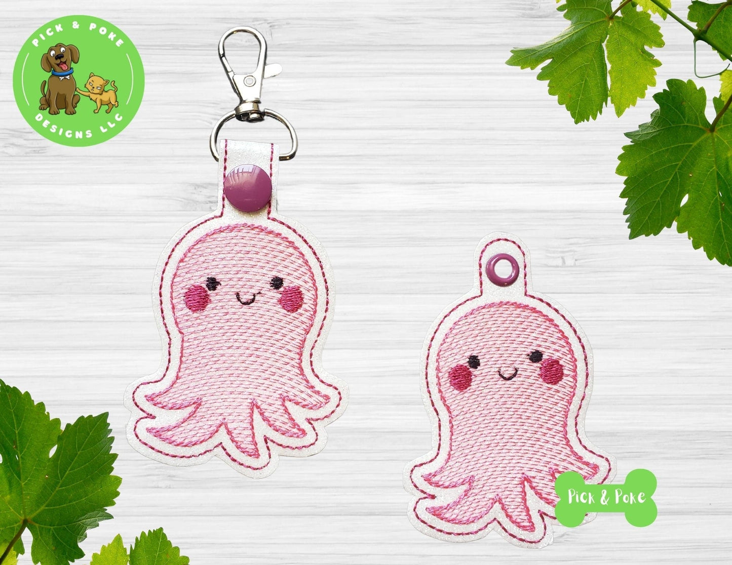 In the Hoop Embroidery Project / Cute Kawaii Octopus Snap Tab and Eyelet Key Fob / Gift Tag / Digital File / Instant DOWNLOAD / SetPick and Poke Designs