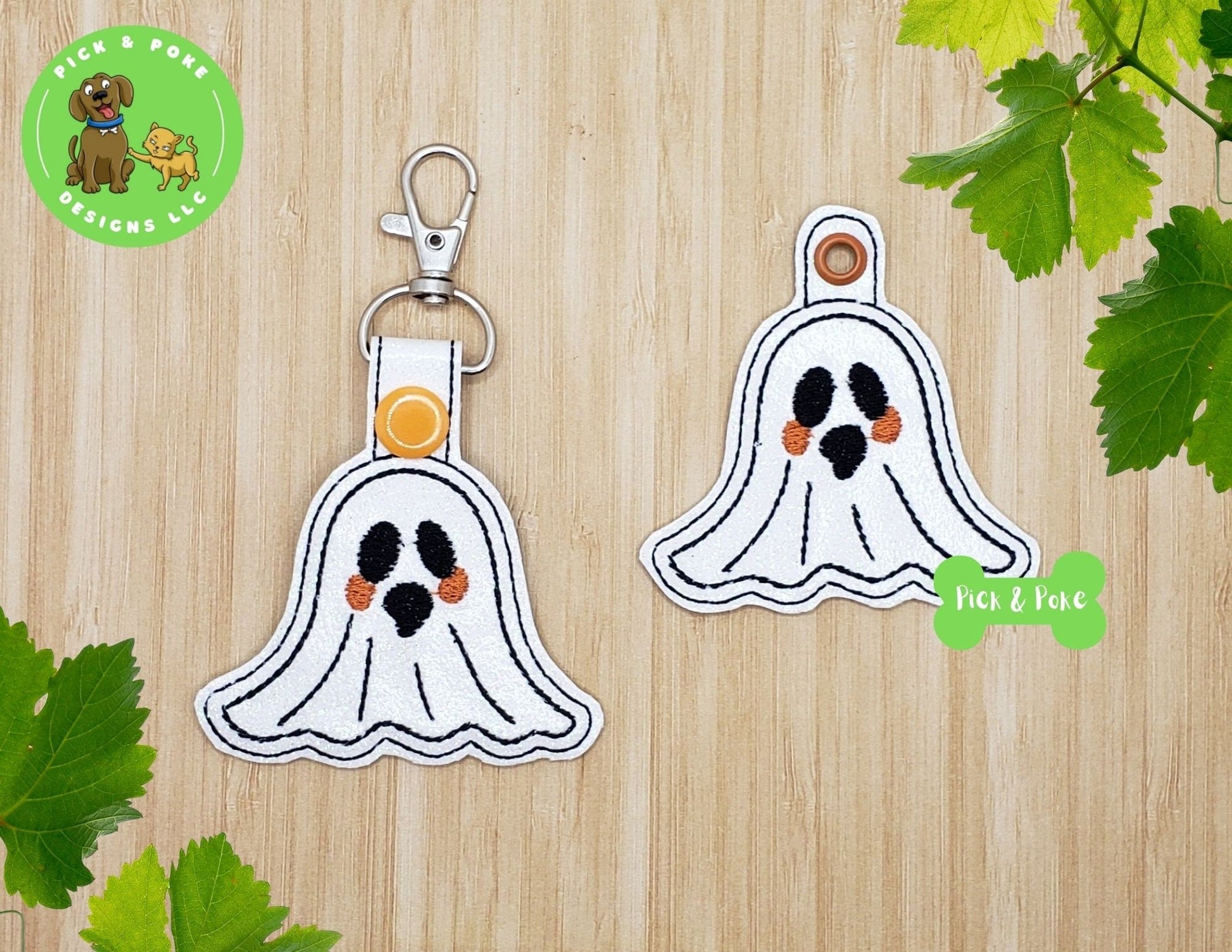 In the Hoop Embroidery Project / Cute Ghost Outline Kawaii Snap Tab and Eyelet Key Fob / Gift Tag / Digital File / Instant DOWNLOAD / SetPick and Poke Designs