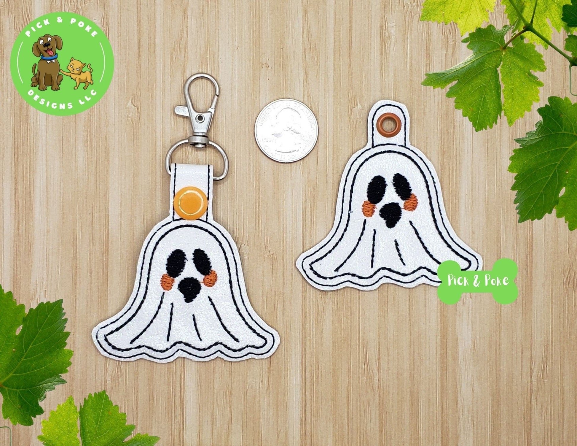 In the Hoop Embroidery Project / Cute Ghost Outline Kawaii Snap Tab and Eyelet Key Fob / Gift Tag / Digital File / Instant DOWNLOAD / SetPick and Poke Designs