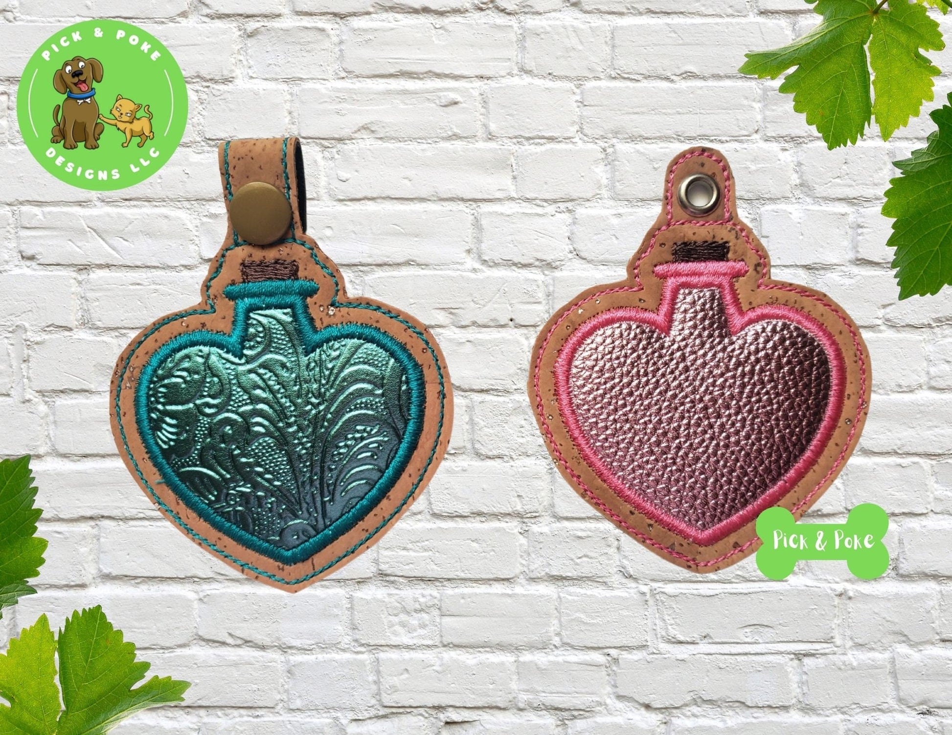 In the Hoop Embroidery Project / Applique Heart Potion Bottle Snap Tab and Eyelet Key Fob / Gift Tag / Digital File / Instant DOWNLOAD / SetPick and Poke Designs