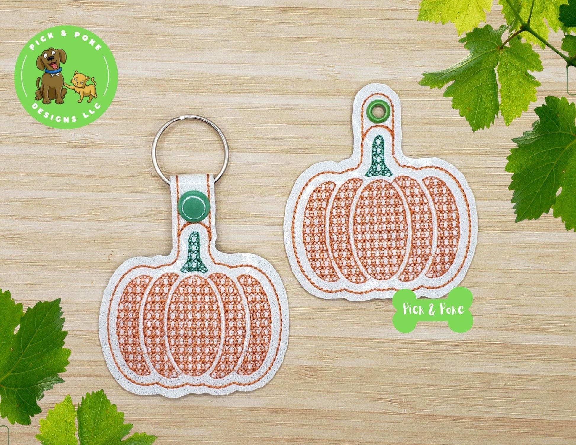 In the Hoop Embroidery Project Pumpkin with Decorative Motif Stitch Snap Tab and Eyelet Key Fob / Gift Tag / Digital File / DOWNLOAD / ITHPick and Poke Designs