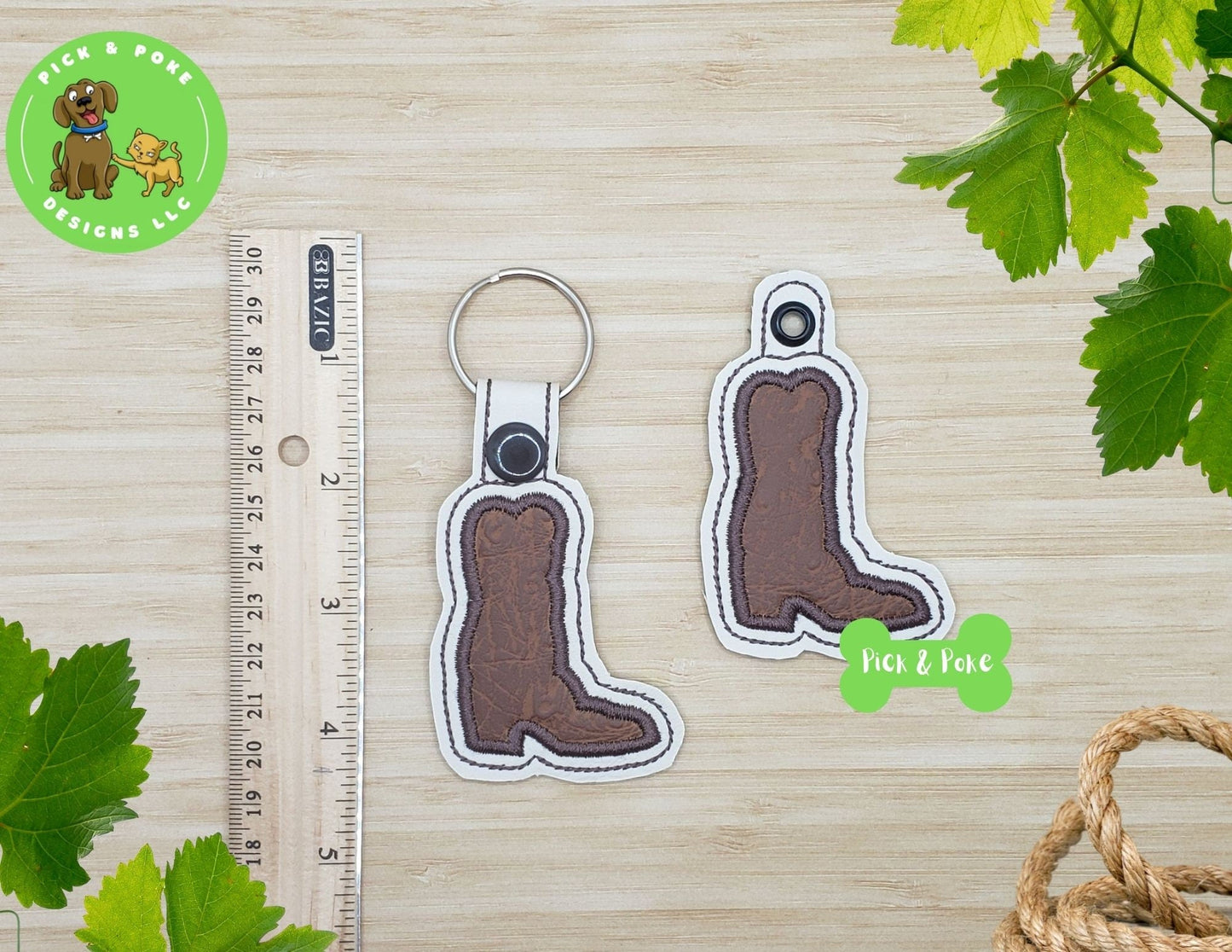 In the Hoop Embroidery Project Applique Cowboy Boot  Snap Tab and Eyelet Key Fob / Gift Tag / Digital File / Instant DOWNLOAD / ITHPick and Poke Designs